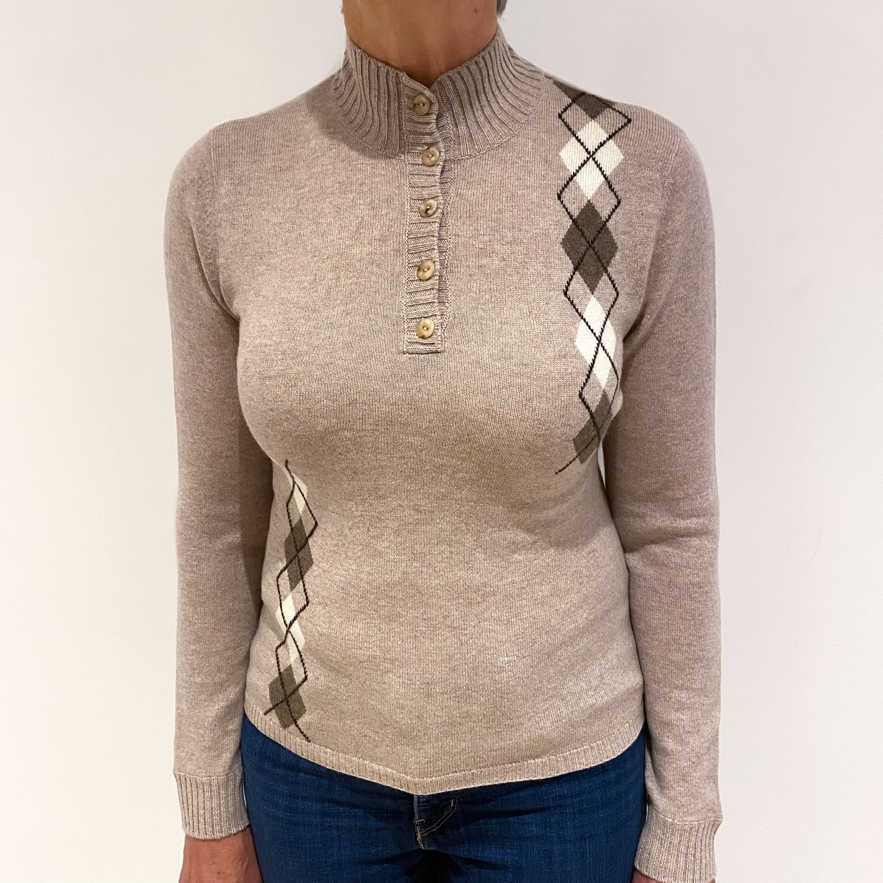 Biscuit Beige Cashmere 1/4 Button Turtle Neck Jumper Medium