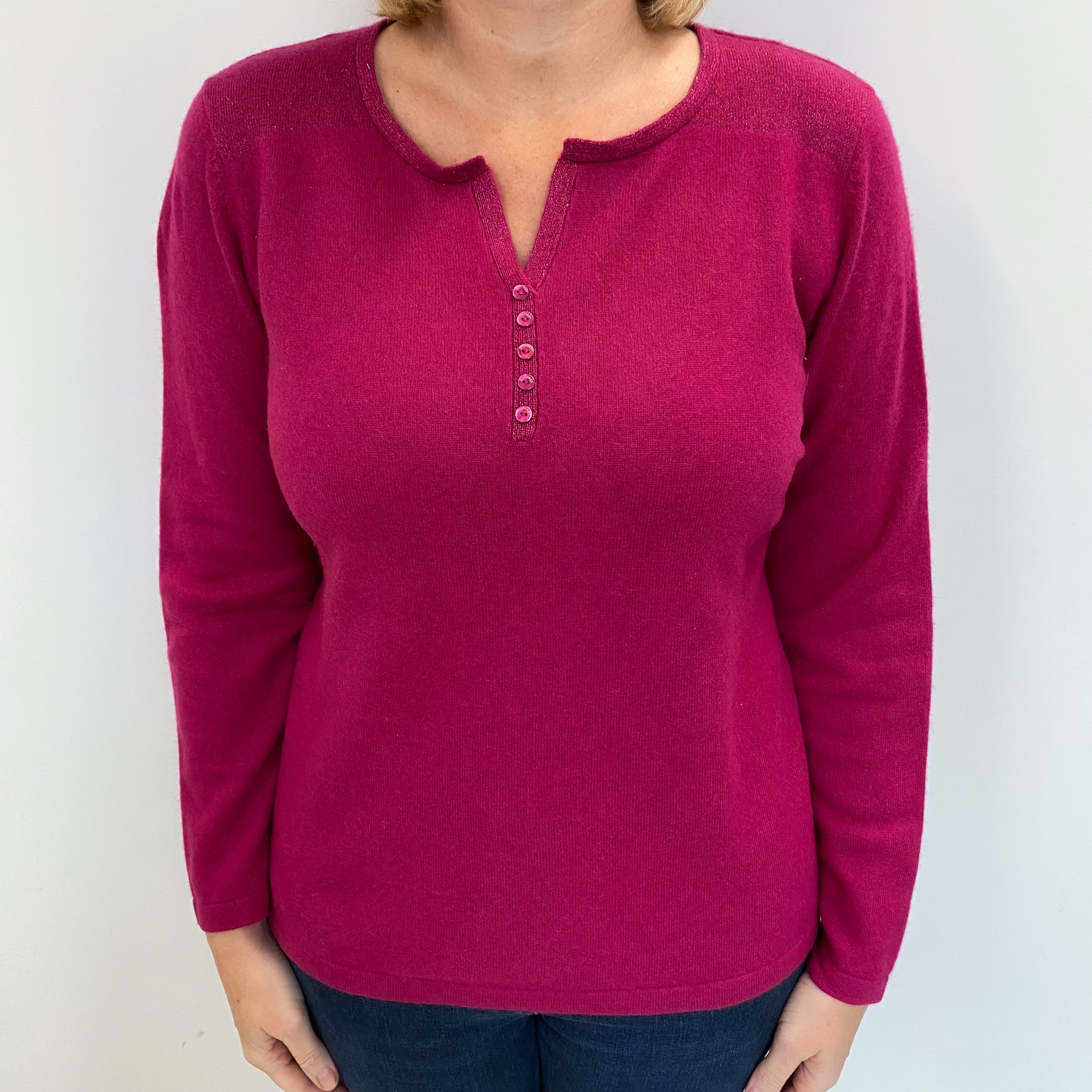 Deep Fuchsia Pink Cashmere 1/4 Button Crew Neck Jumper Large
