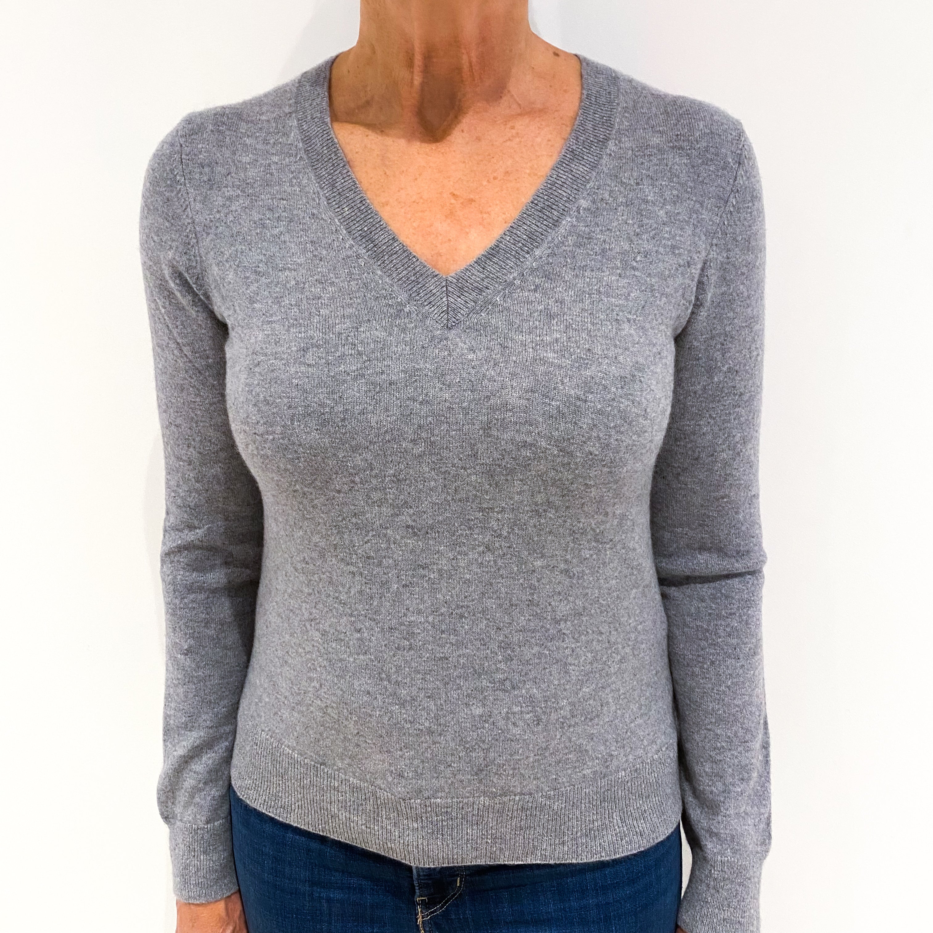 Ash Grey Cashmere V-Neck Jumper Medium