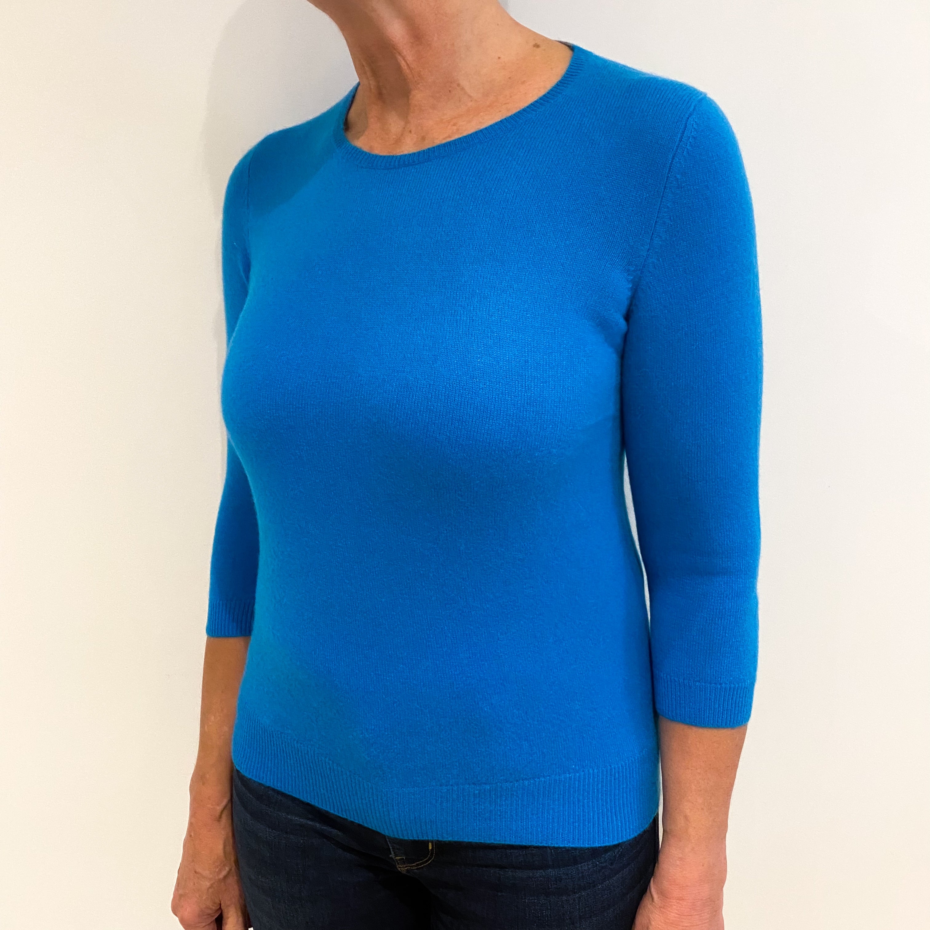 Turquoise Blue 3/4 Sleeve Cashmere Crew Neck Jumper Medium