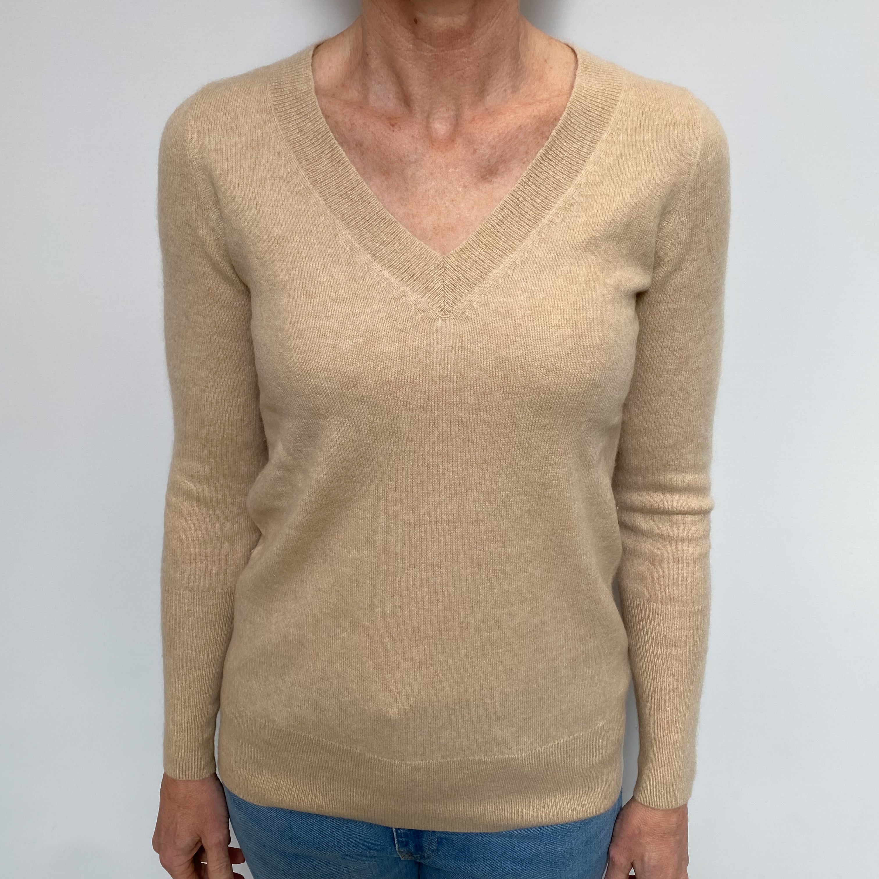 Beige Cashmere V Neck Jumper Small