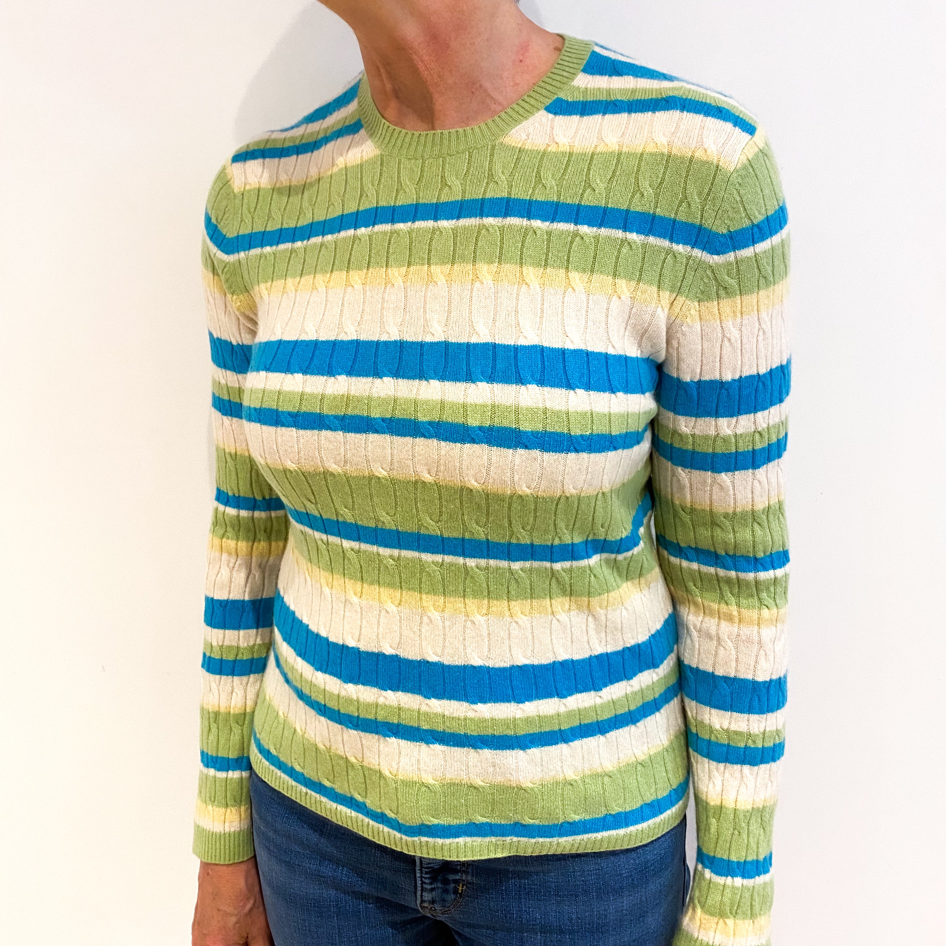 Cream With Green And Blue Cashmere Crew Neck Cable Knit Jumper Medium