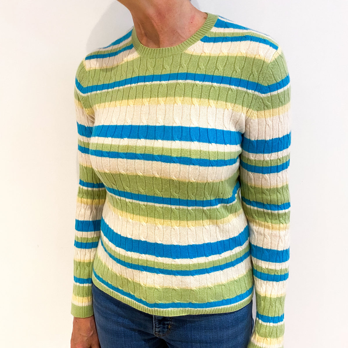 Cream With Green And Blue Cashmere Crew Neck Cable Knit Jumper Medium