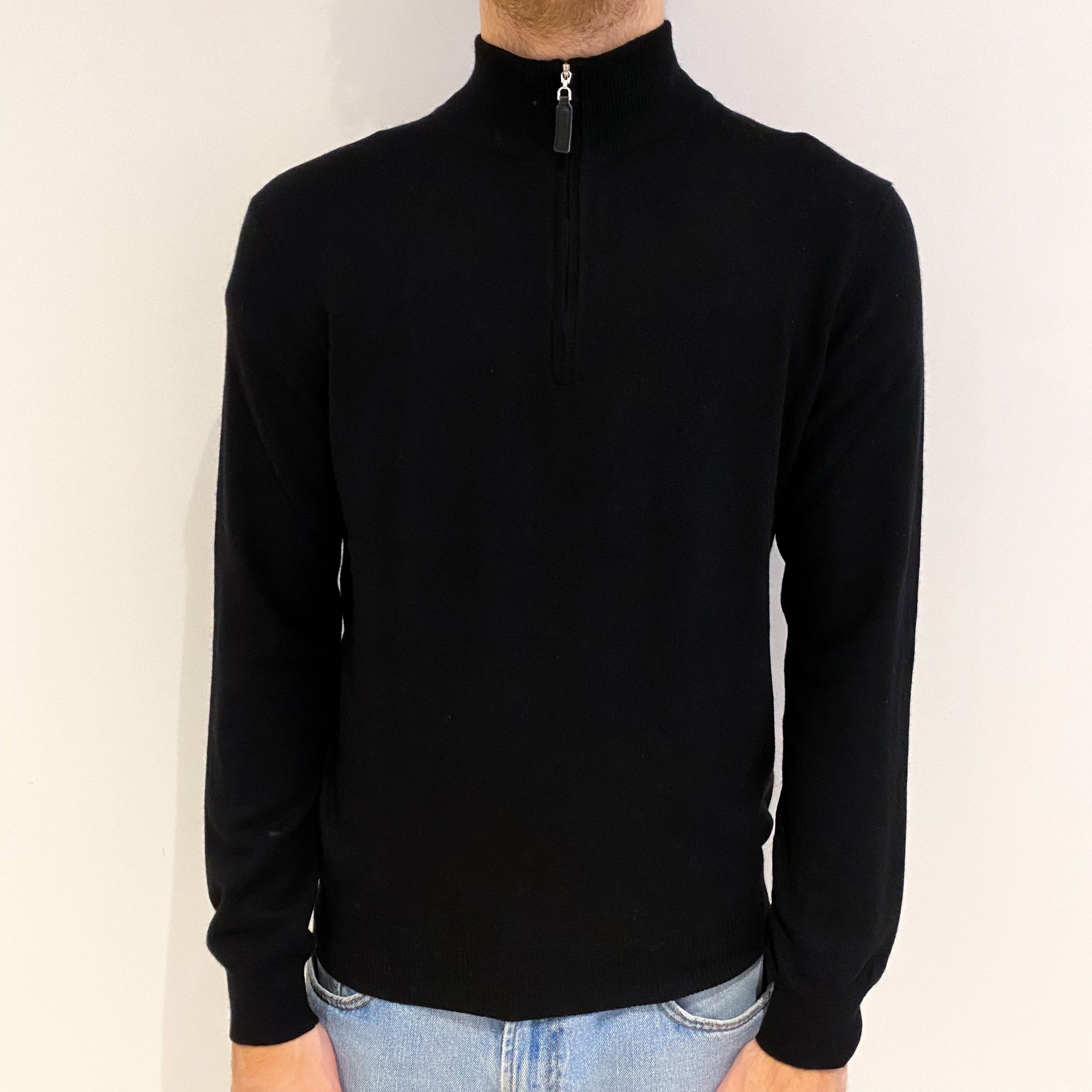 Men's Black Cashmere 1/4 Zip Neck Jumper Medium