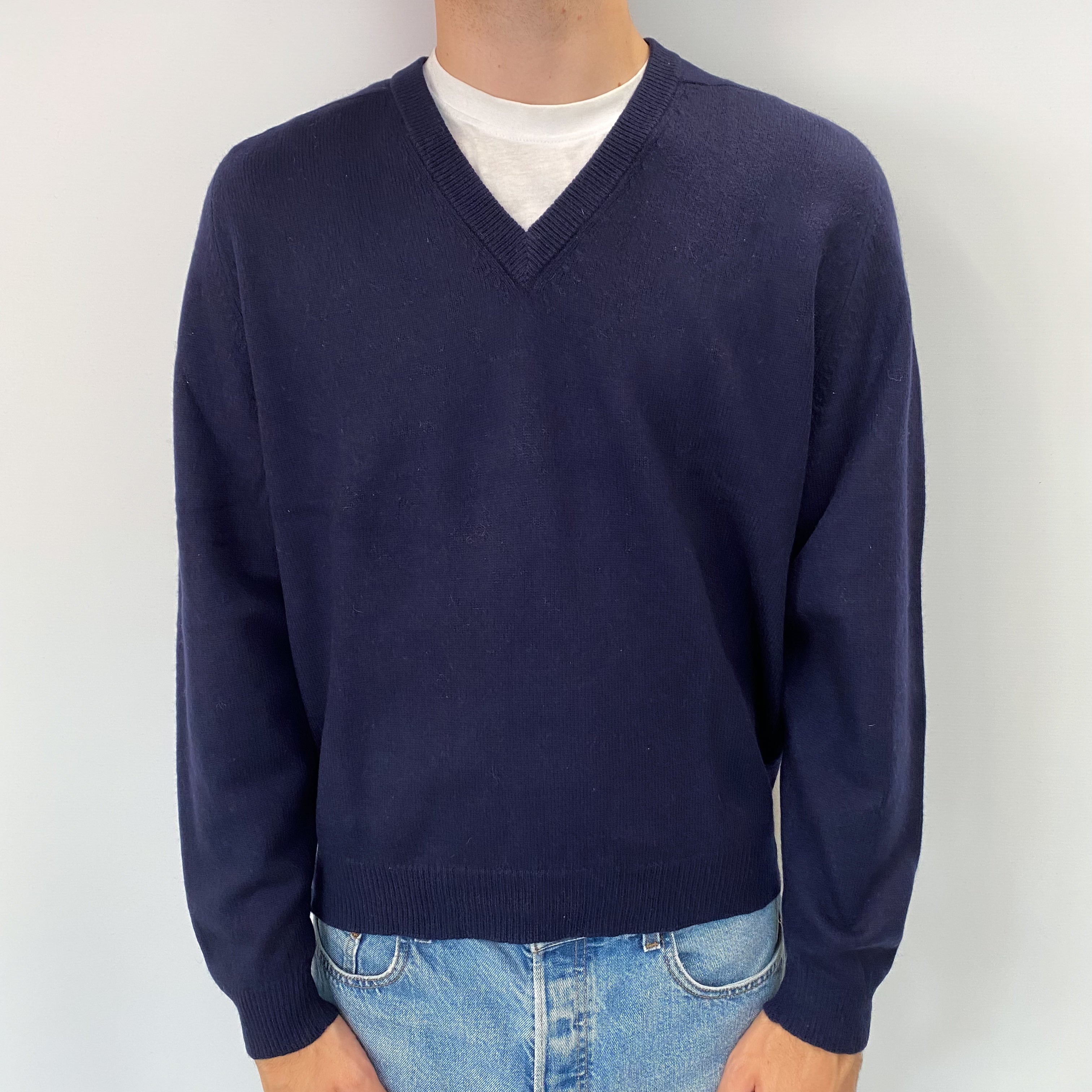 Men's Navy Cashmere V Neck Jumper Large
