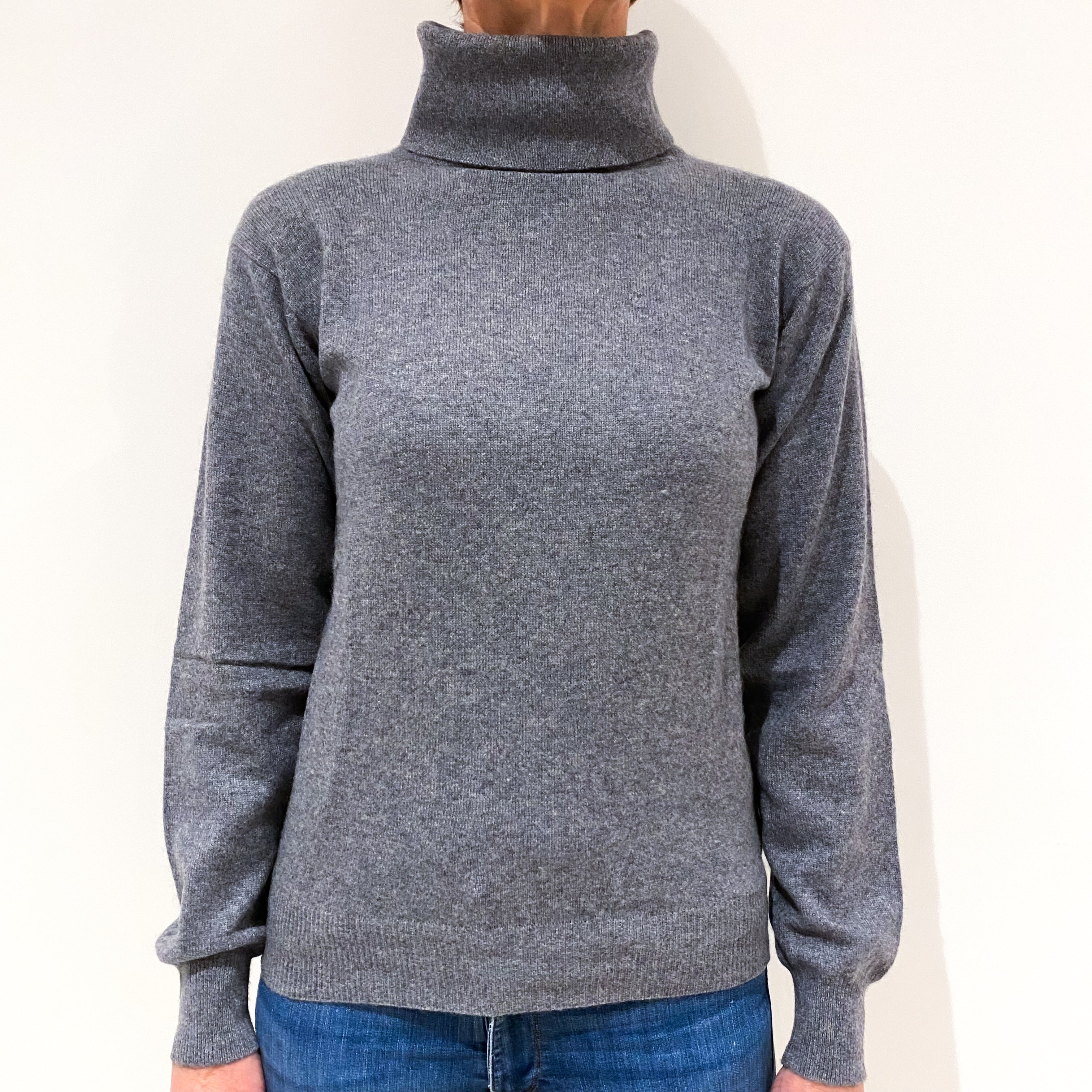 Ash Grey Cashmere Polo Neck Jumper Small