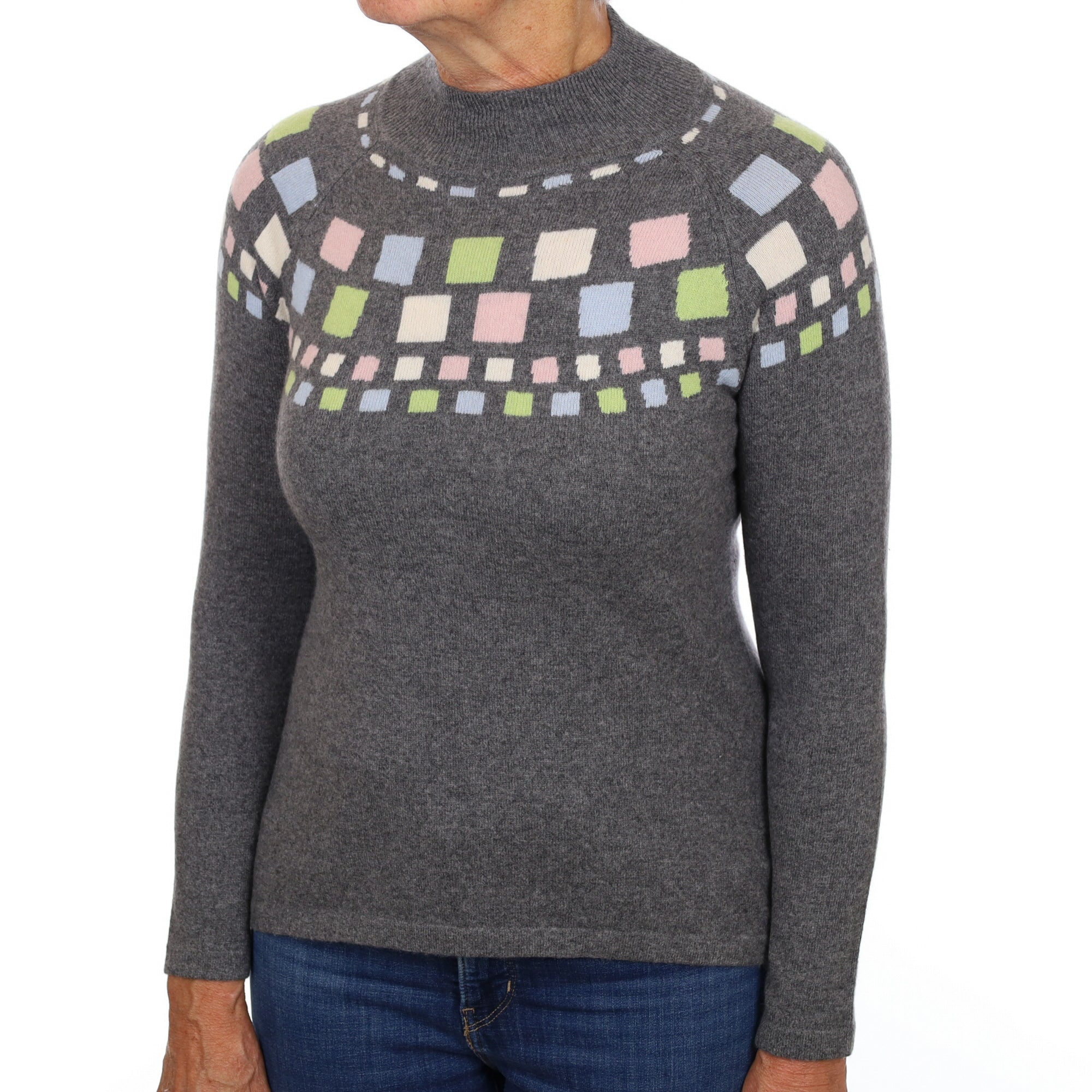 Ash Grey Patterned Cashmere Turtle Neck Jumper Medium