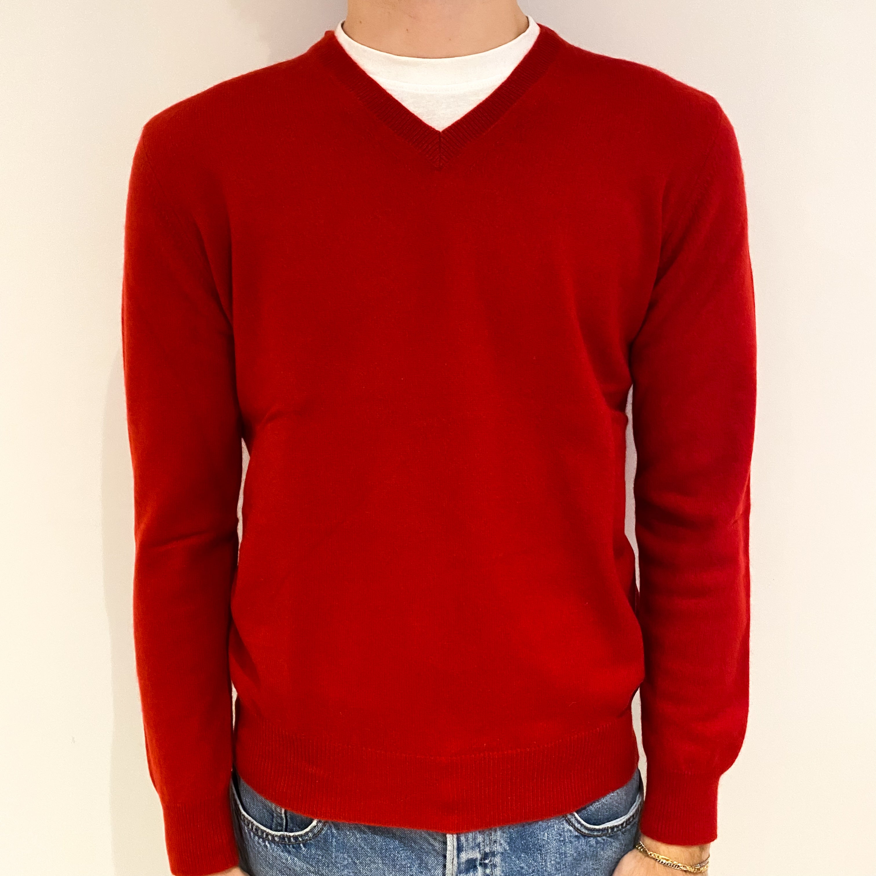 Men's Post Box Red Cashmere V Neck Jumper Medium
