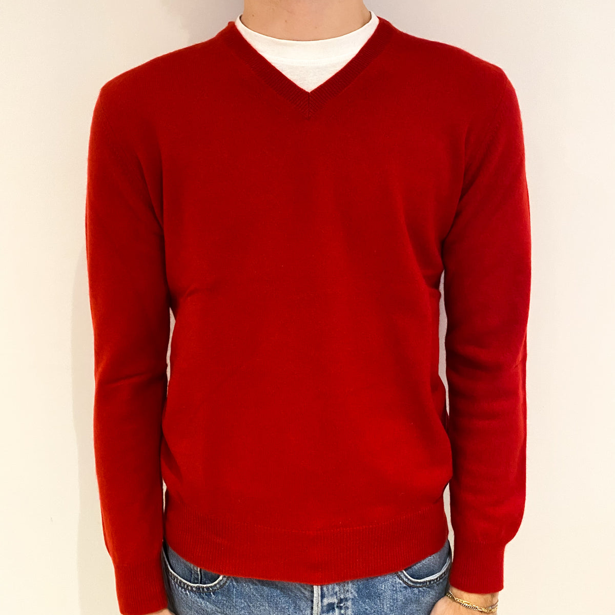 Men's Post Box Red Cashmere V Neck Jumper Medium