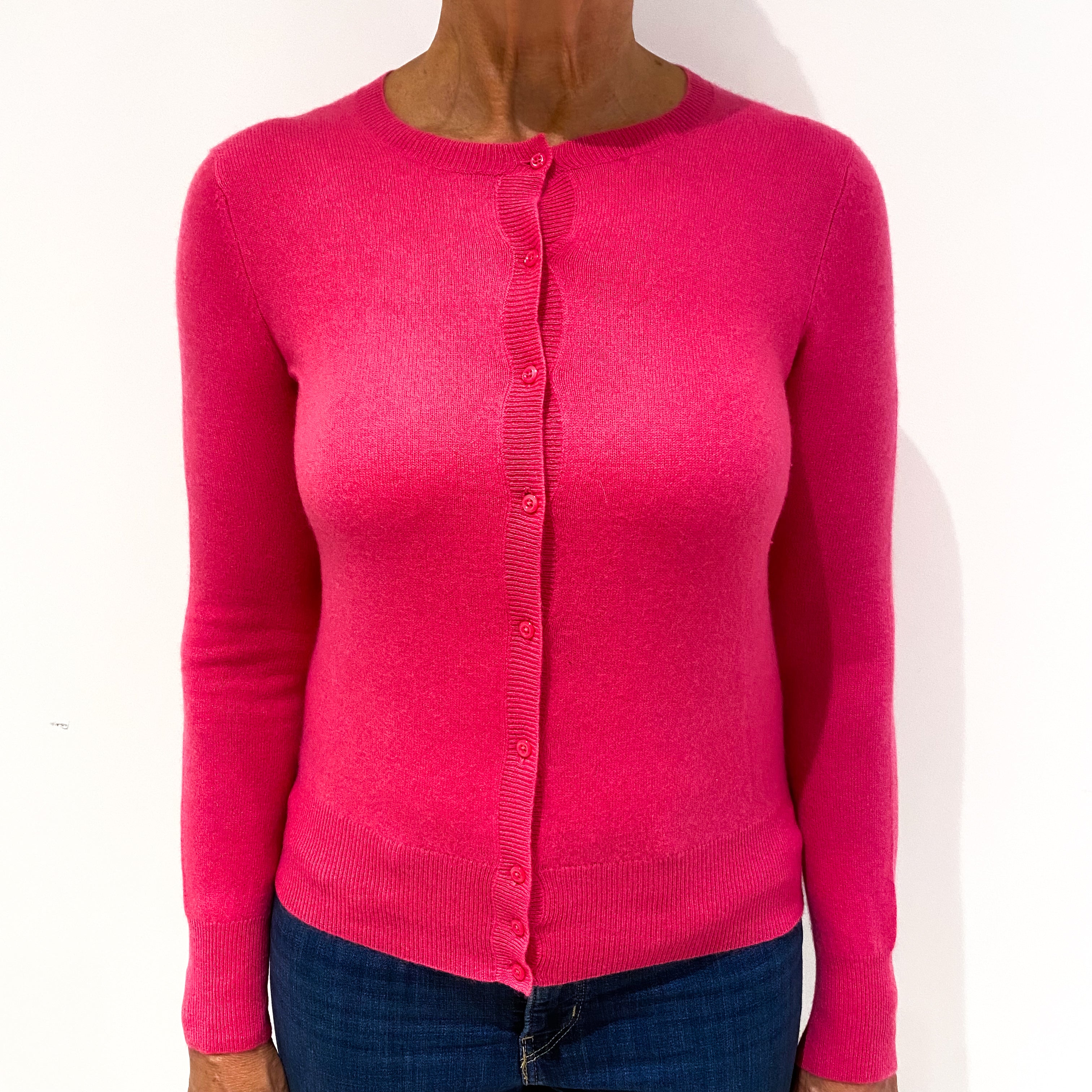 Hot Pink Cashmere Crew Neck Cardigan Medium