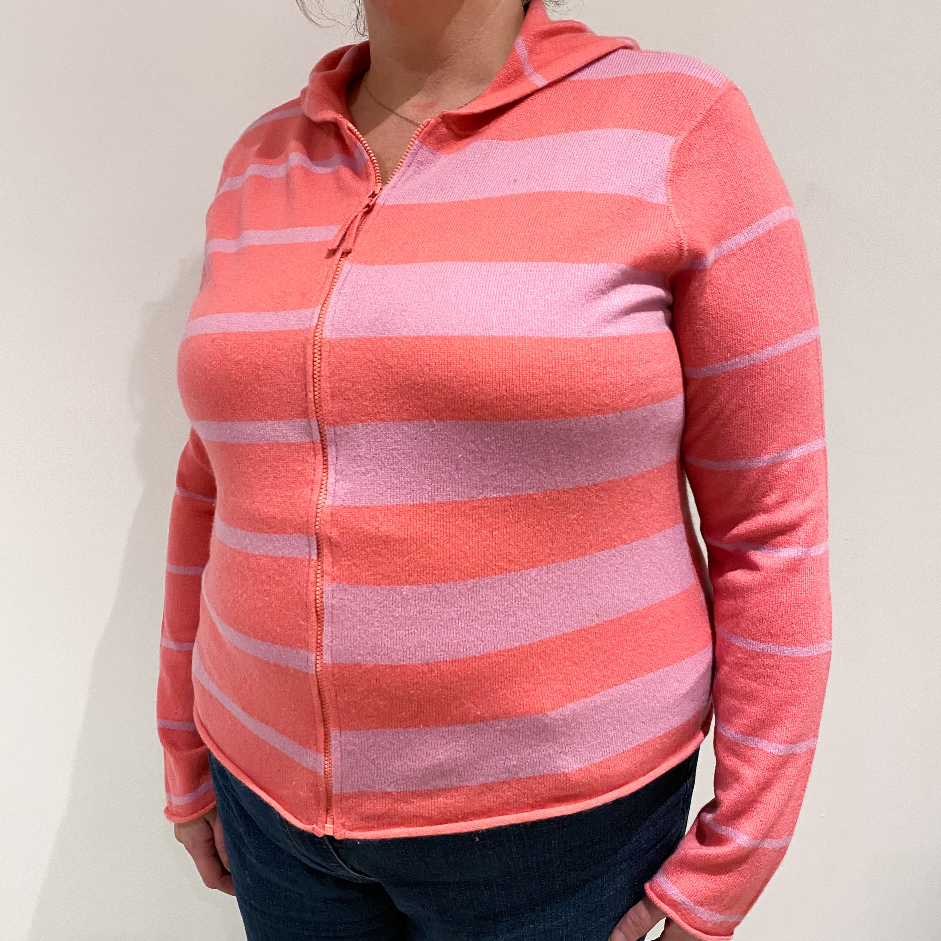 Pink and Mauve Stripe Cashmere Zip Up Hoodie Extra Large