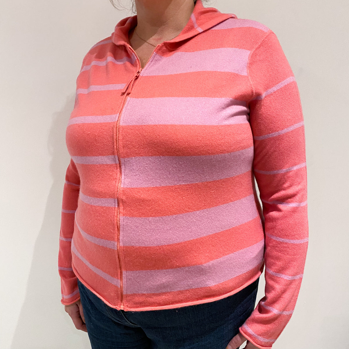 Pink and Mauve Stripe Cashmere Zip Up Hoodie Extra Large