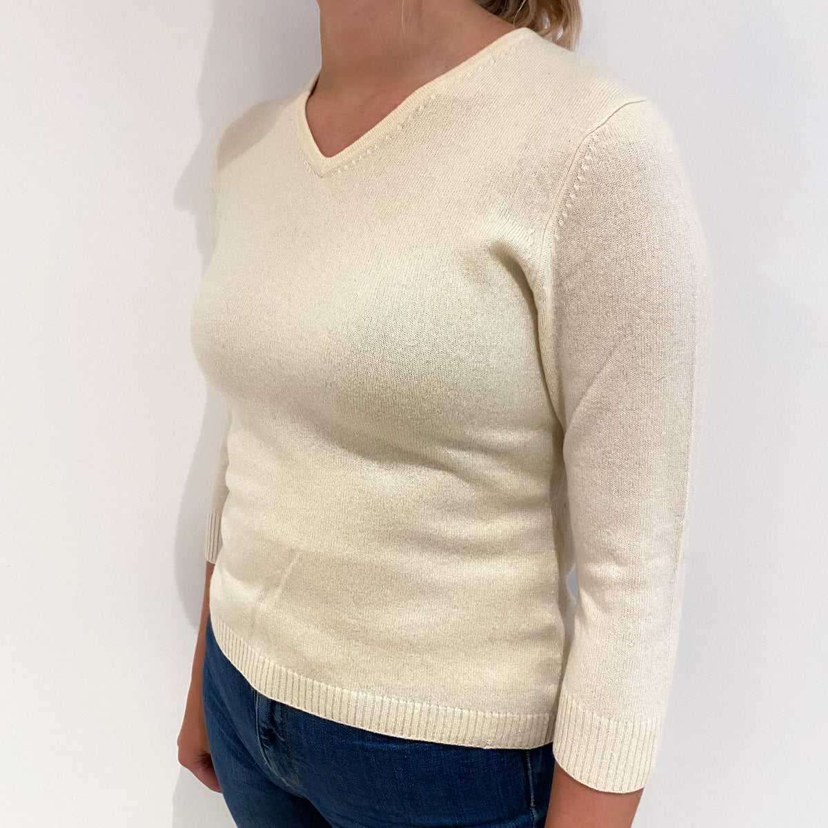 Warm Cream 3/4 Sleeve Cashmere V Neck Jumper Small