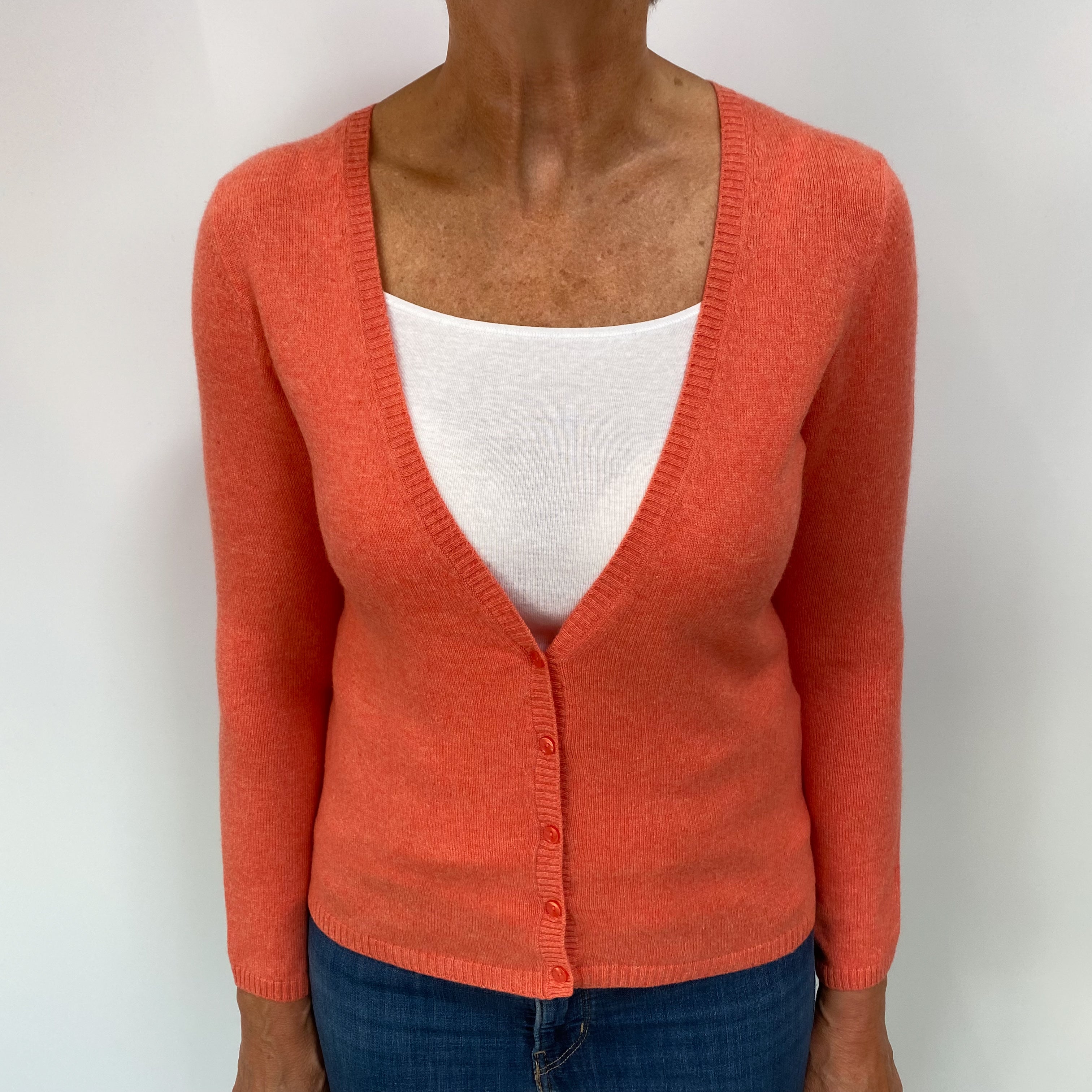 Coral Orange Cashmere V Neck Cardigan Medium