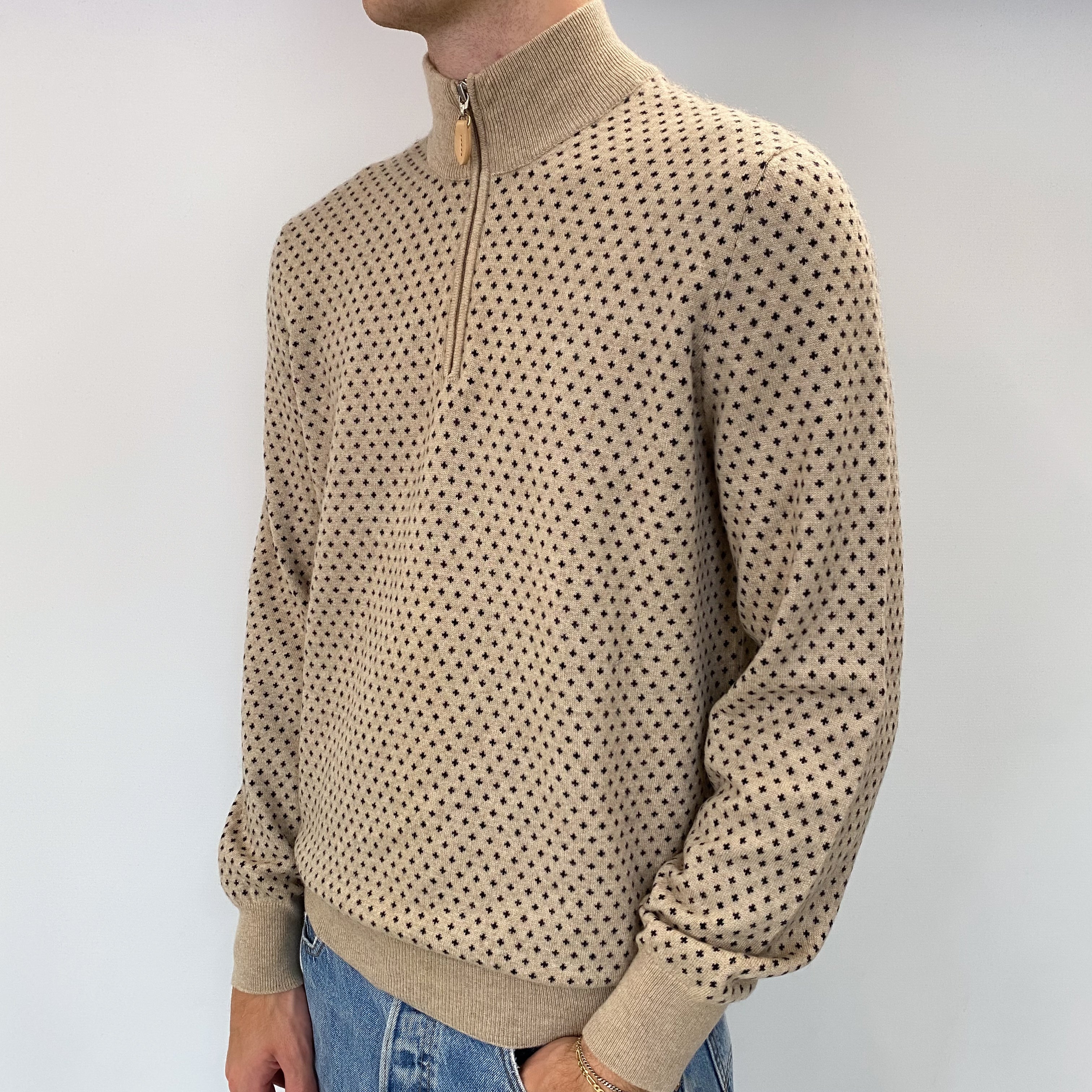Men's Brunello Cucinelli Biscuit Beige Cashmere Quarter Zip Jumper Large