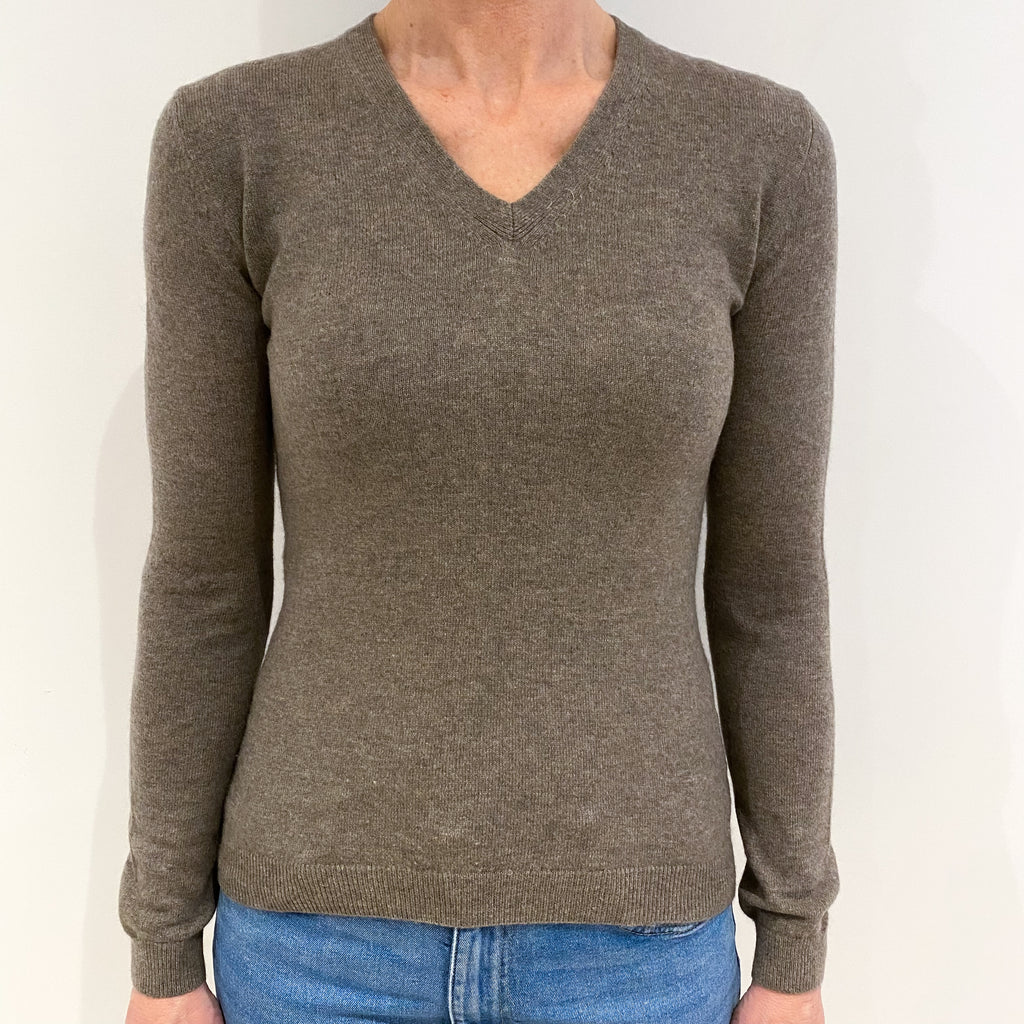 Taupe Brown Cashmere V Neck Jumper Small