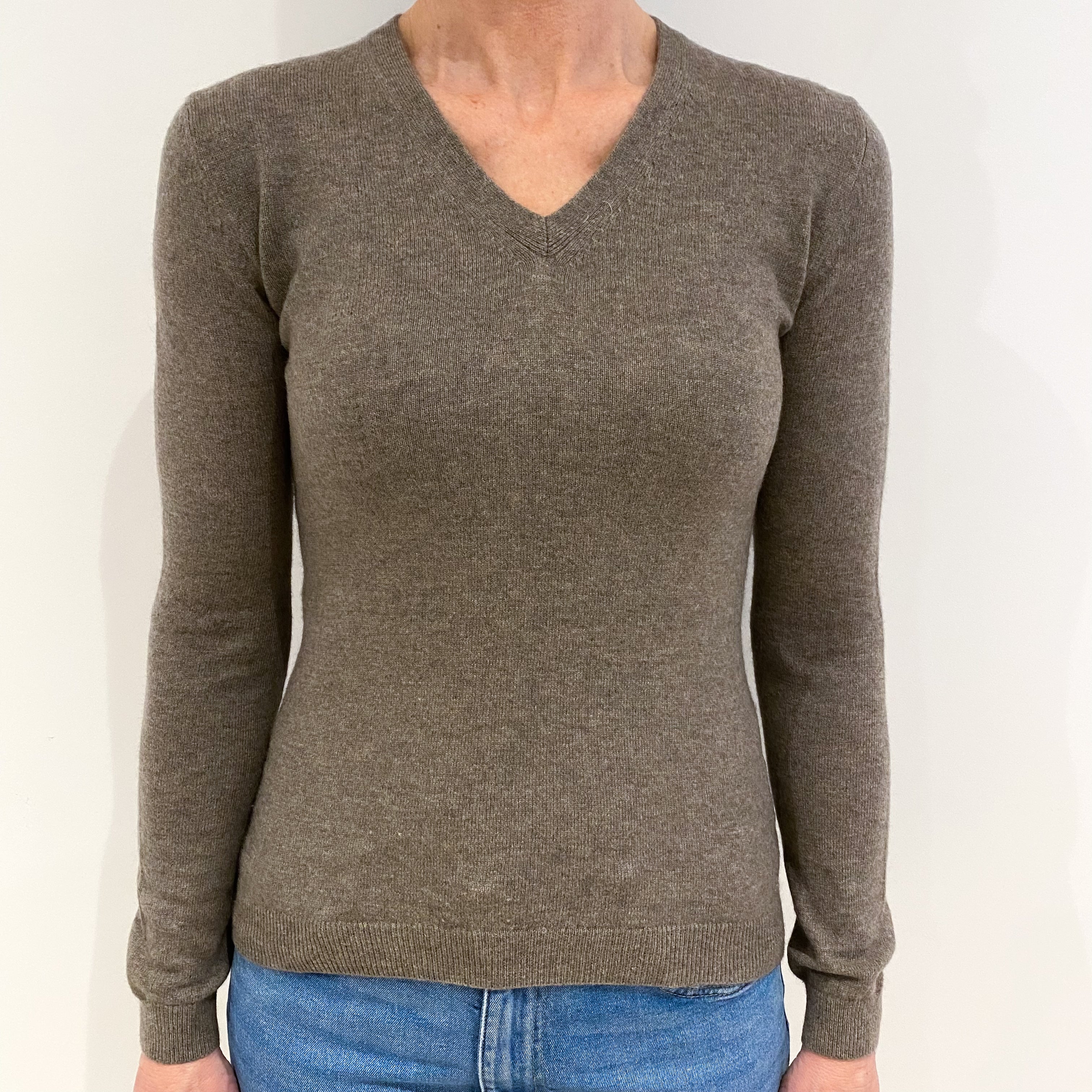 Taupe Brown Cashmere V Neck Jumper Small