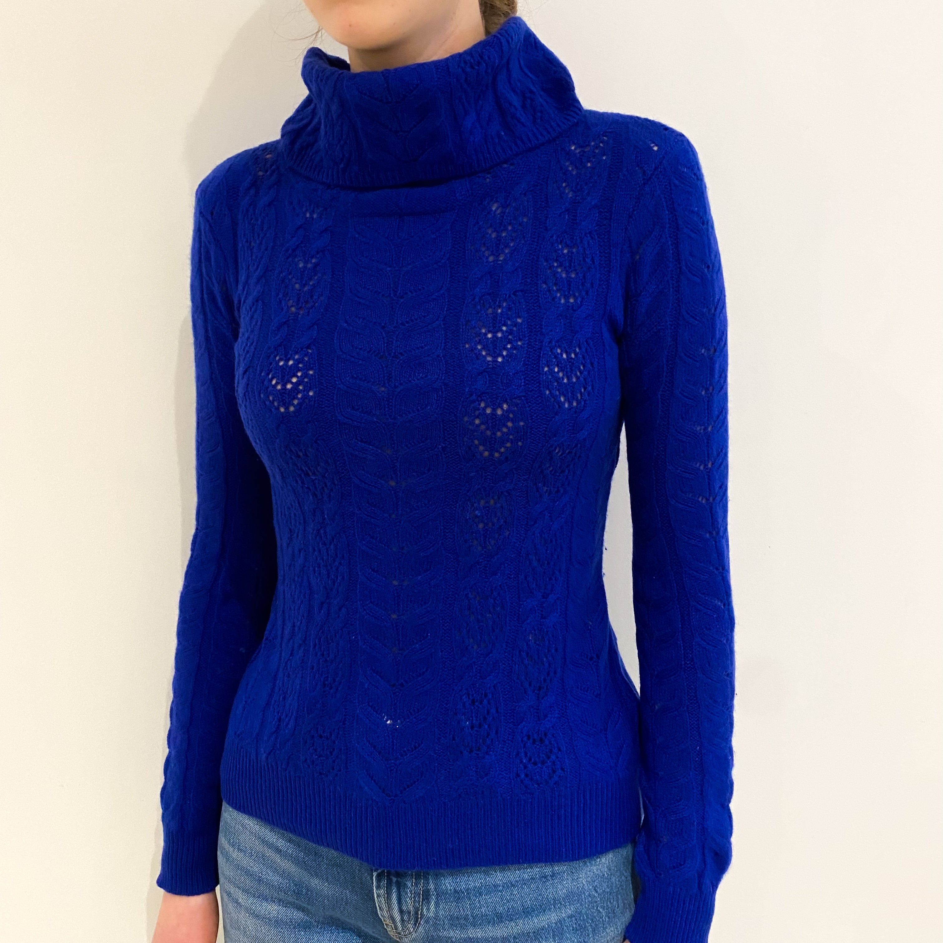 Admiral Blue Lace Knit Cashmere Polo Neck Jumper Extra Small