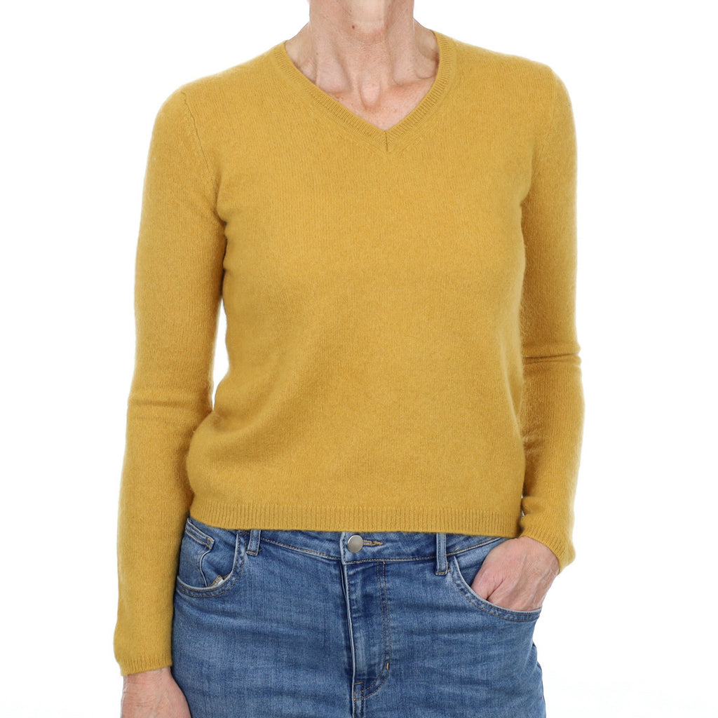 Flaxen Yellow Cashmere V Neck Jumper Small