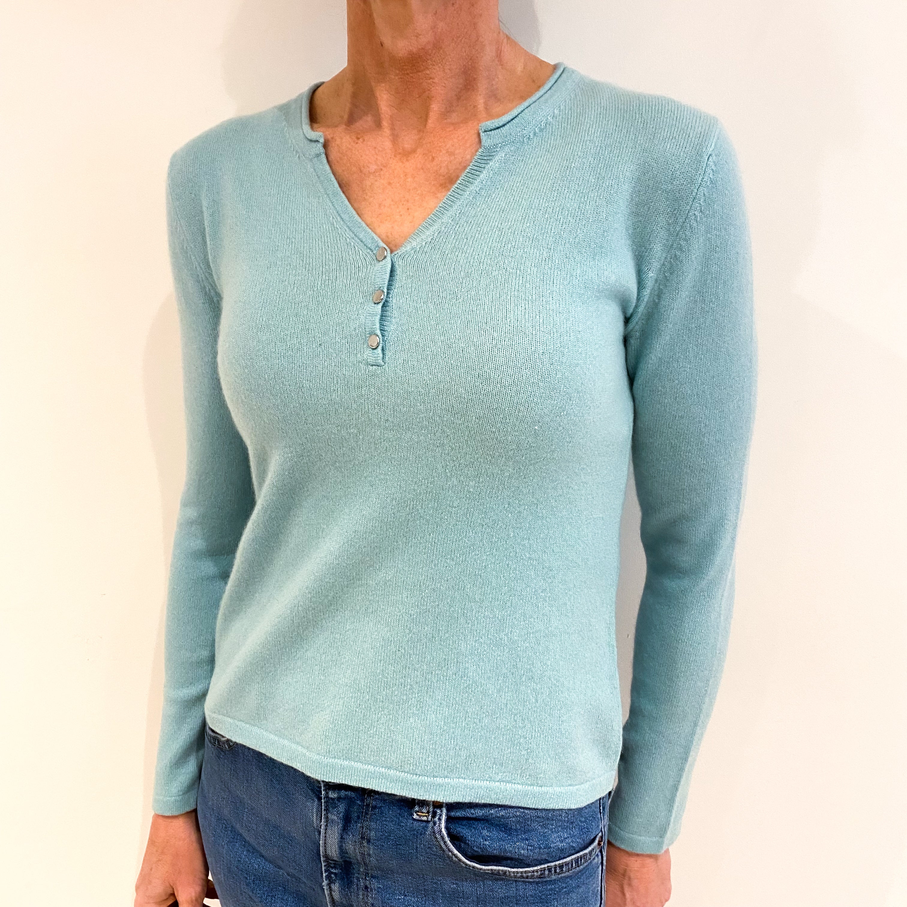 Pale Aqua Blue Cashmere Button Up V Neck Jumper Small