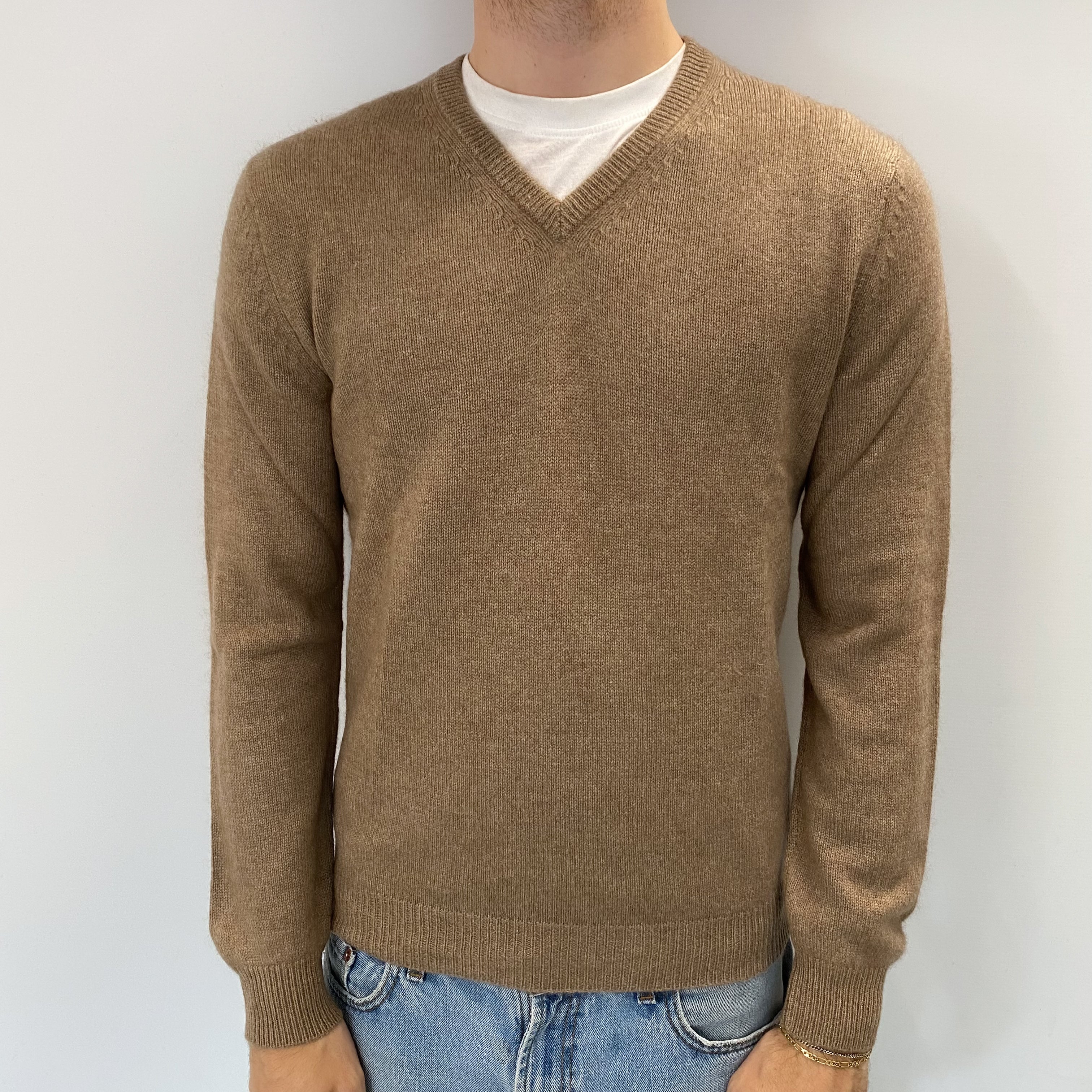 Men's Taupe Brown Cashmere V Neck Jumper Medium