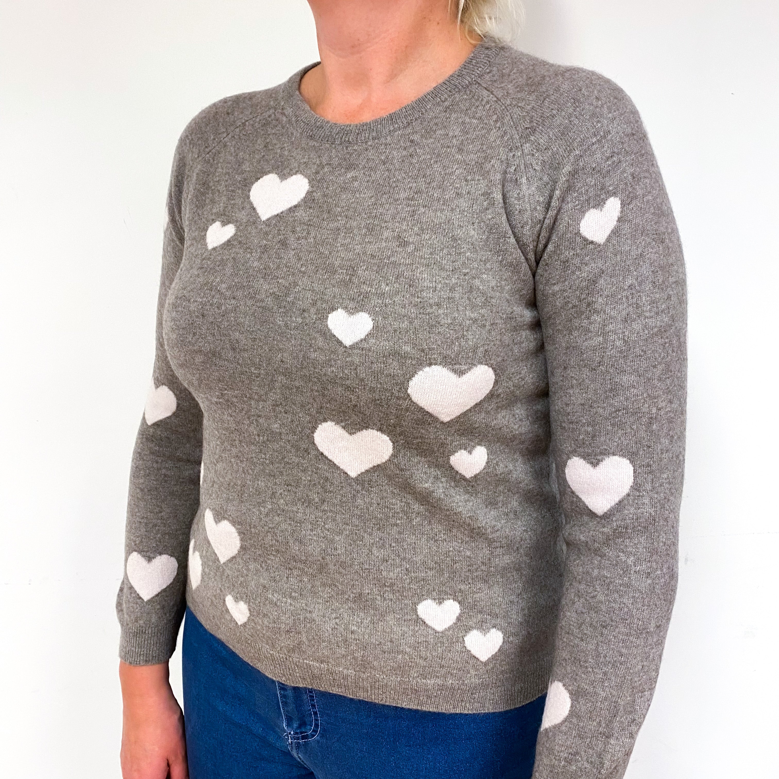 Mink Brown Pink Heart Cashmere Crew Neck Jumper Large