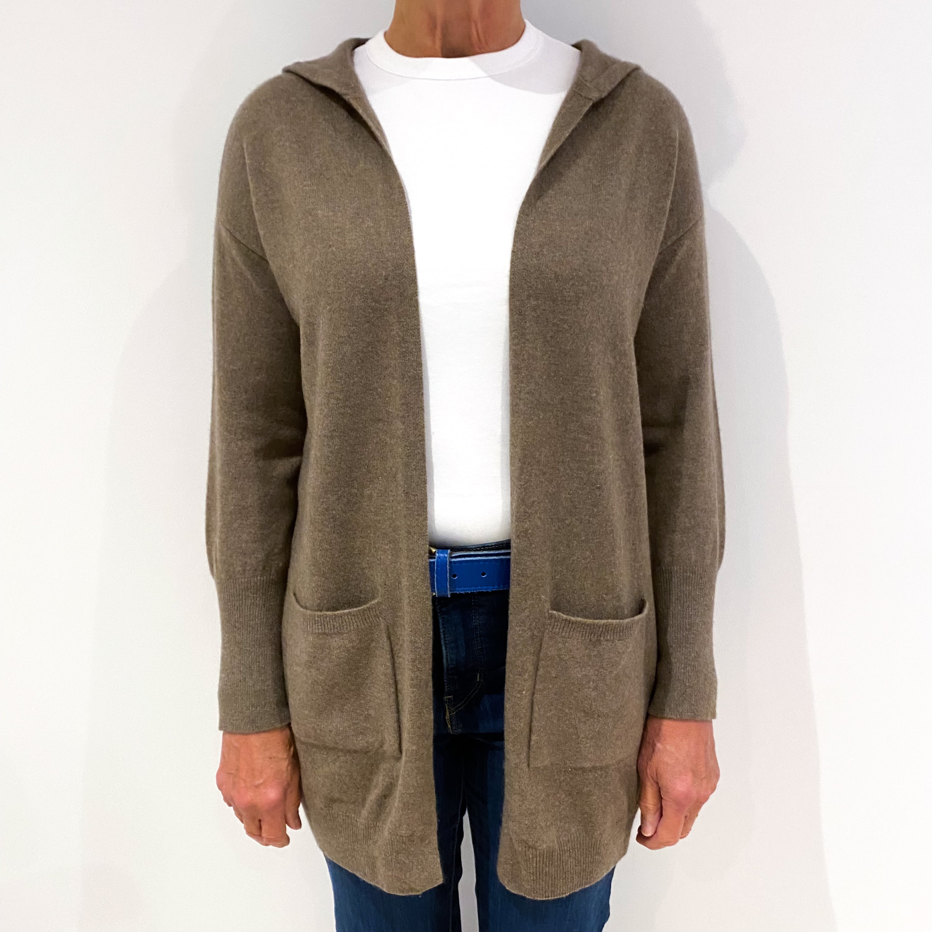 Mocha Brown Cashmere Edge to Edge Cardigan with Hood Medium