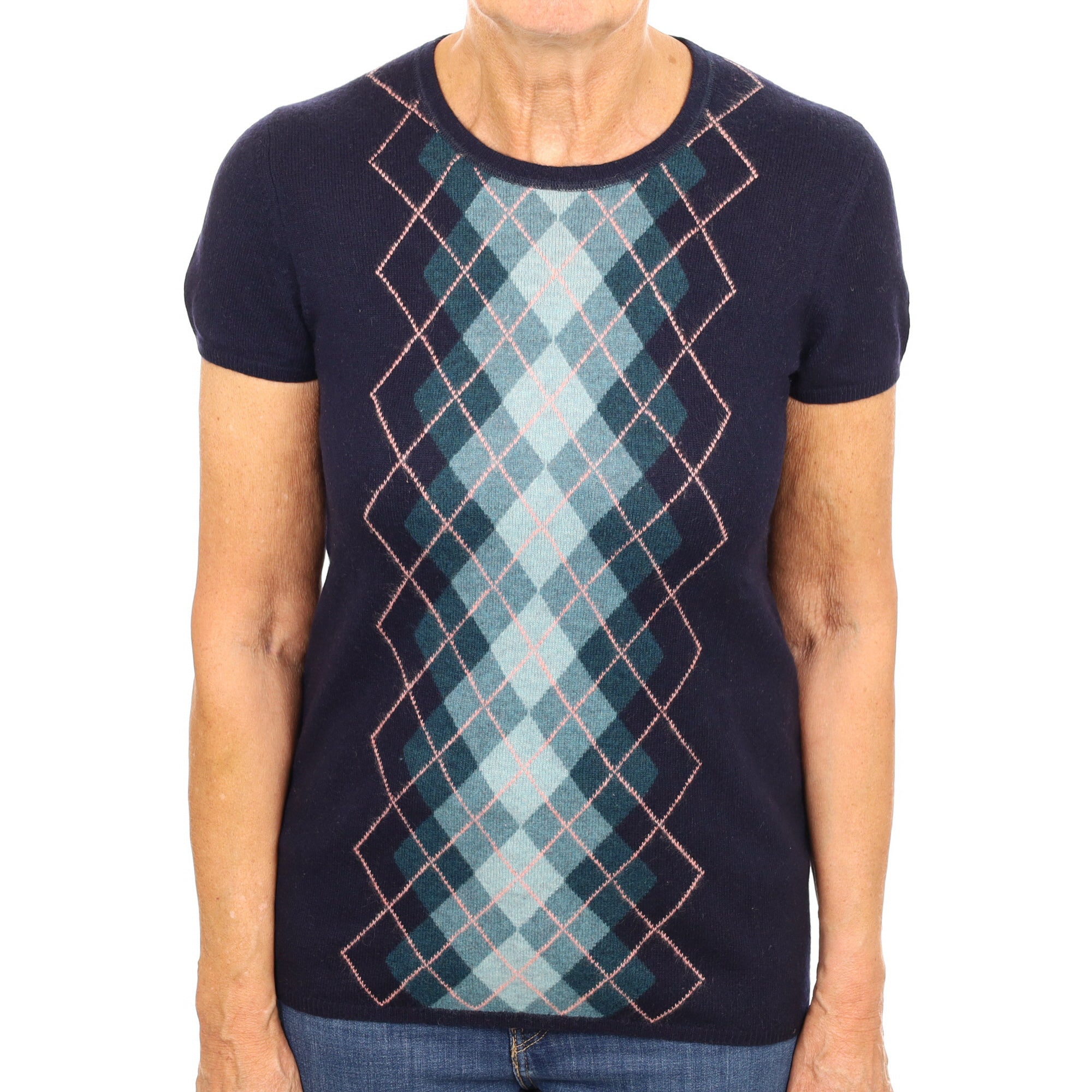 Navy Argyle Cashmere Crew Neck Short Sleeved Jumper Medium
