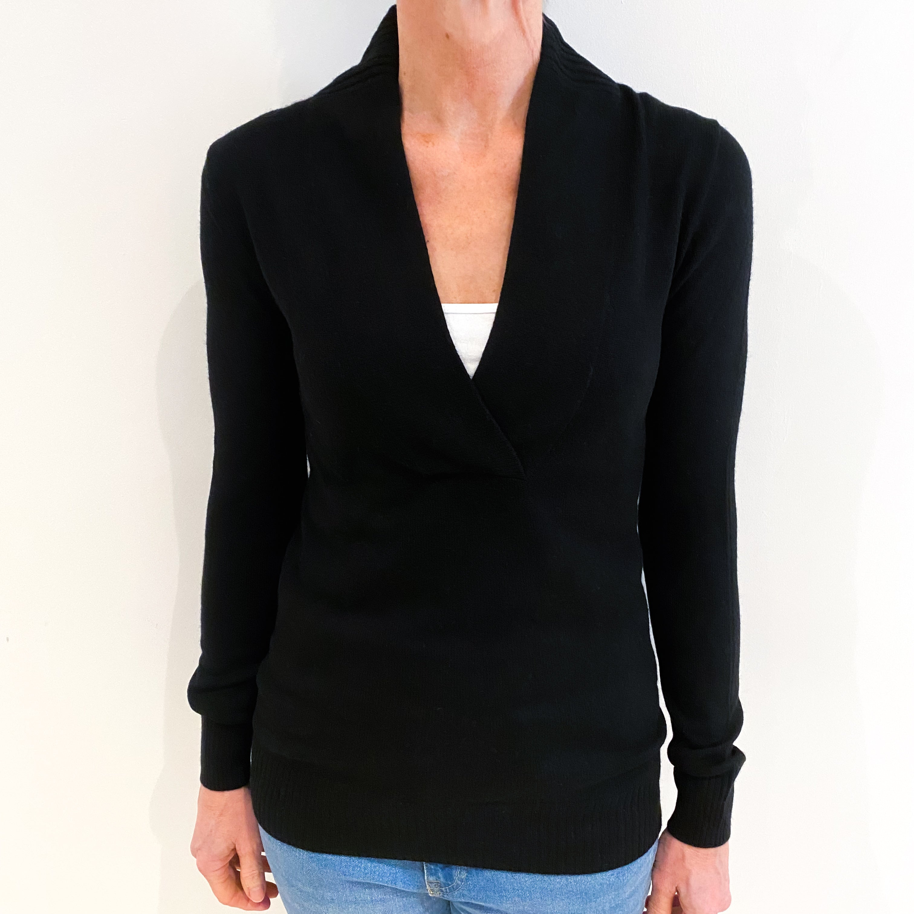 Black Cashmere Cross Over V Neck Jumper Small