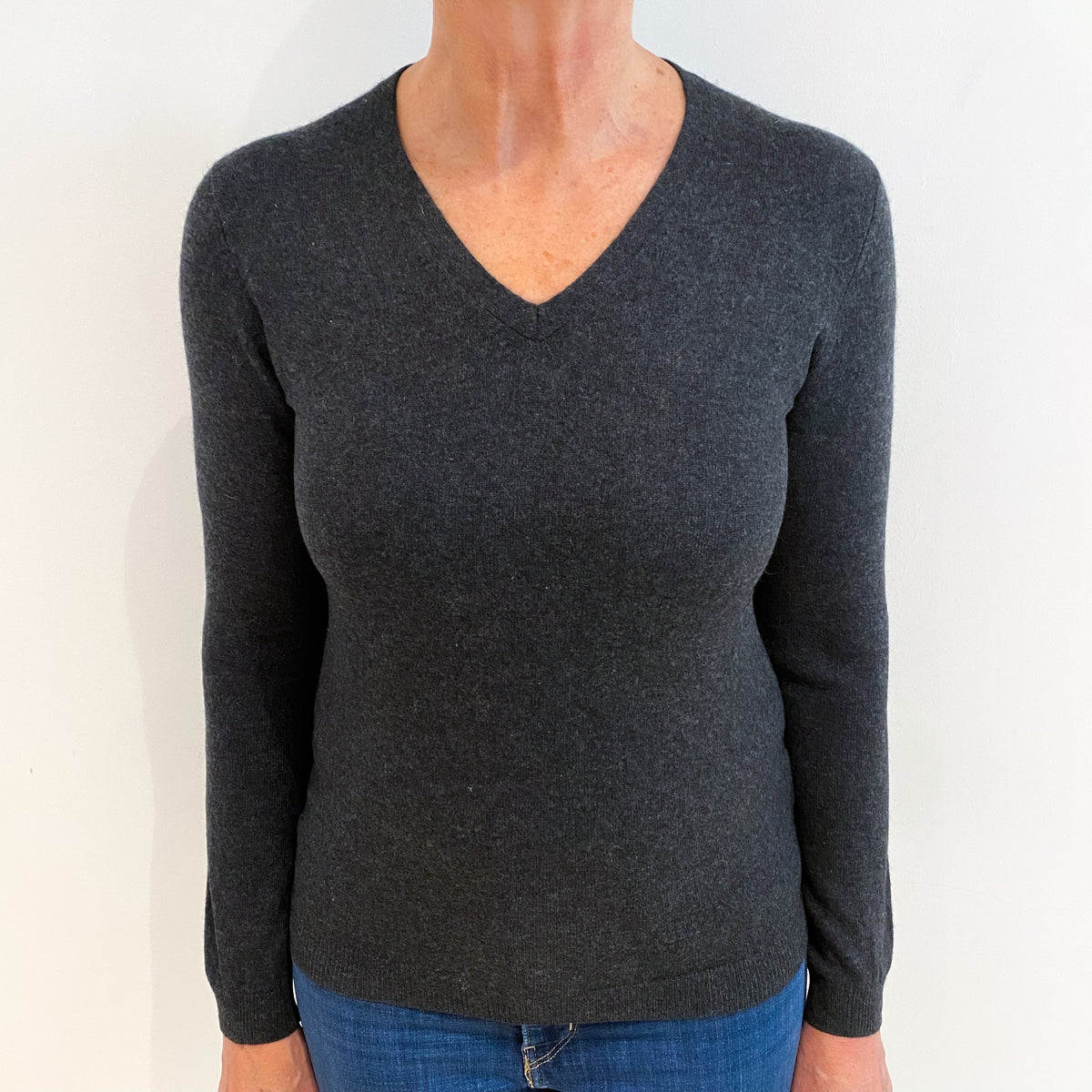 Charcoal Grey Cashmere V Neck Jumper Medium