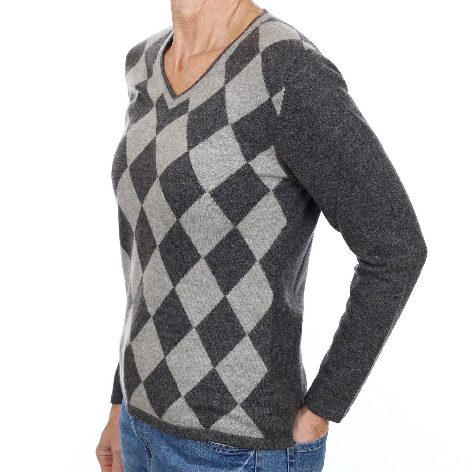 Grey Diamond Cashmere V Neck Jumper Small