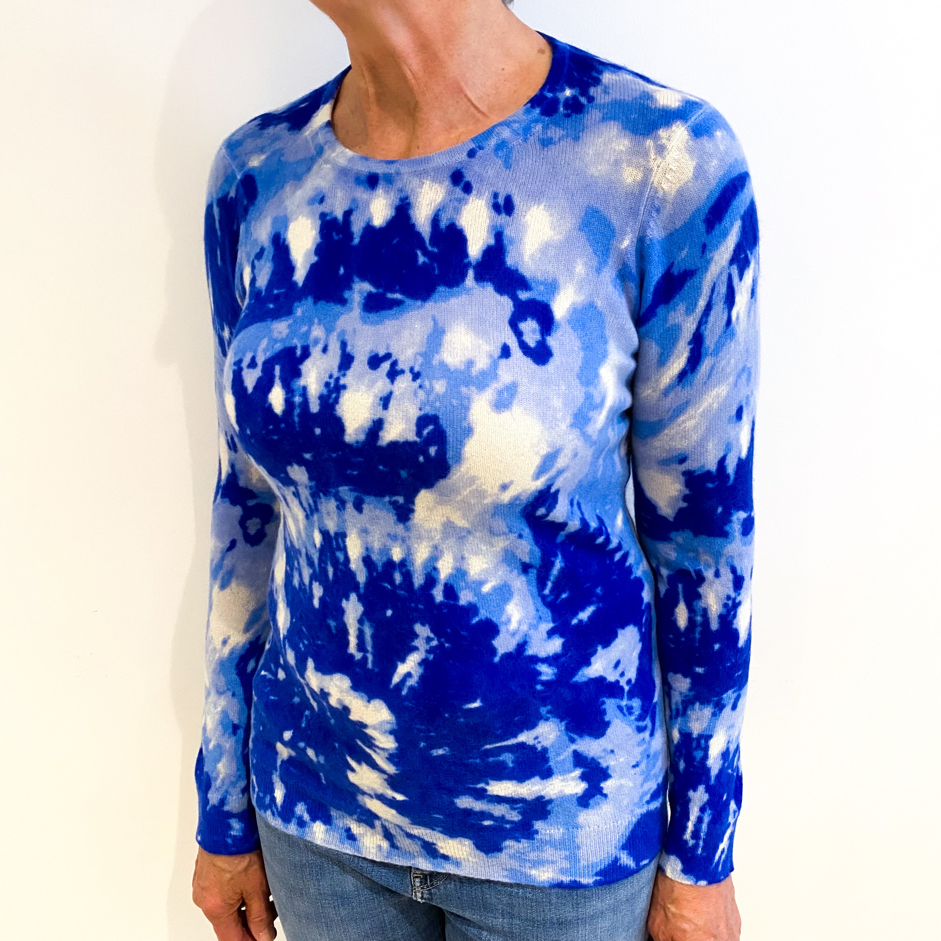 Royal Blue Tie Dye Cashmere Crew Neck Jumper Medium
