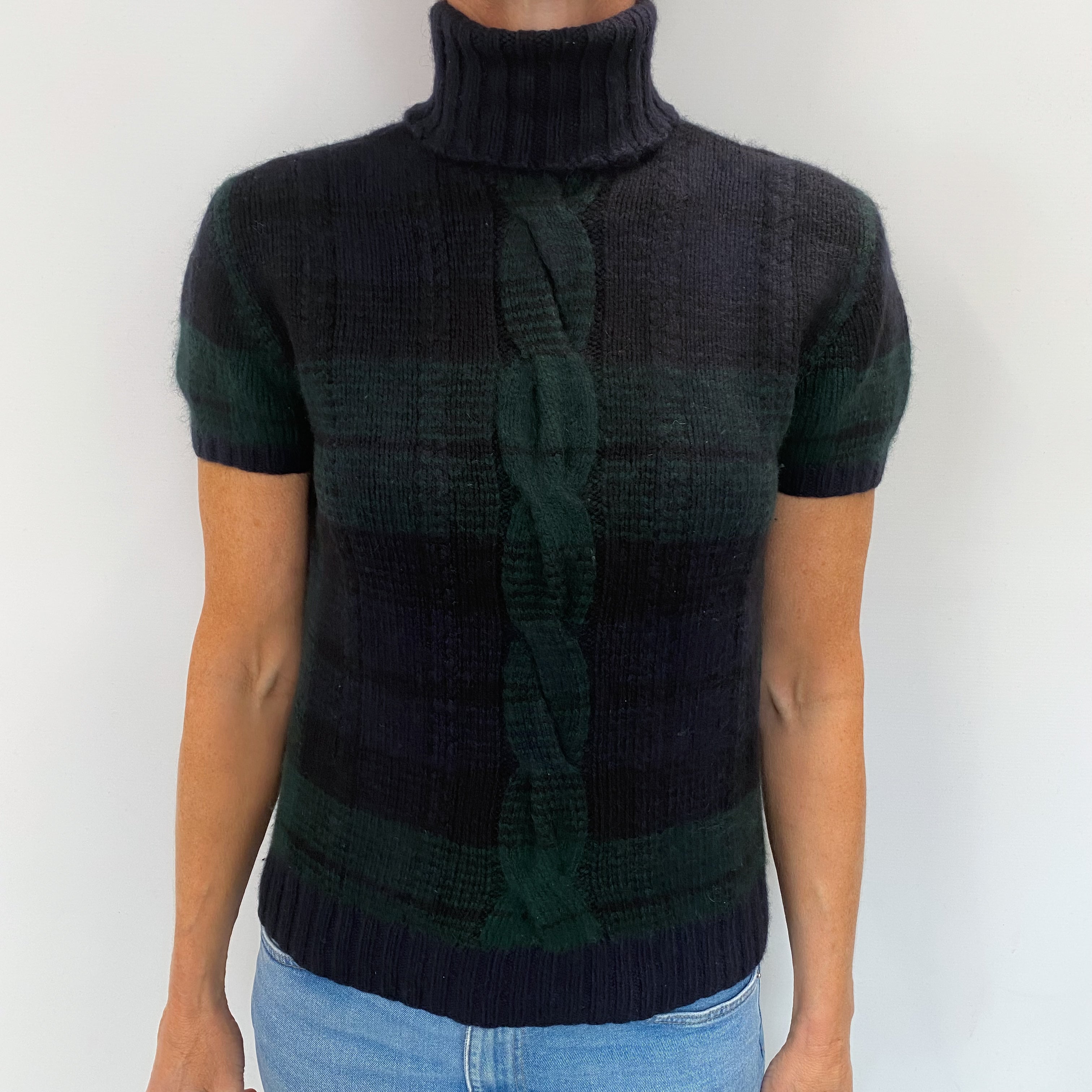 Ralph Lauren Navy And Green Checked Cashmere Polo Neck Short Sleeved Jumper Small