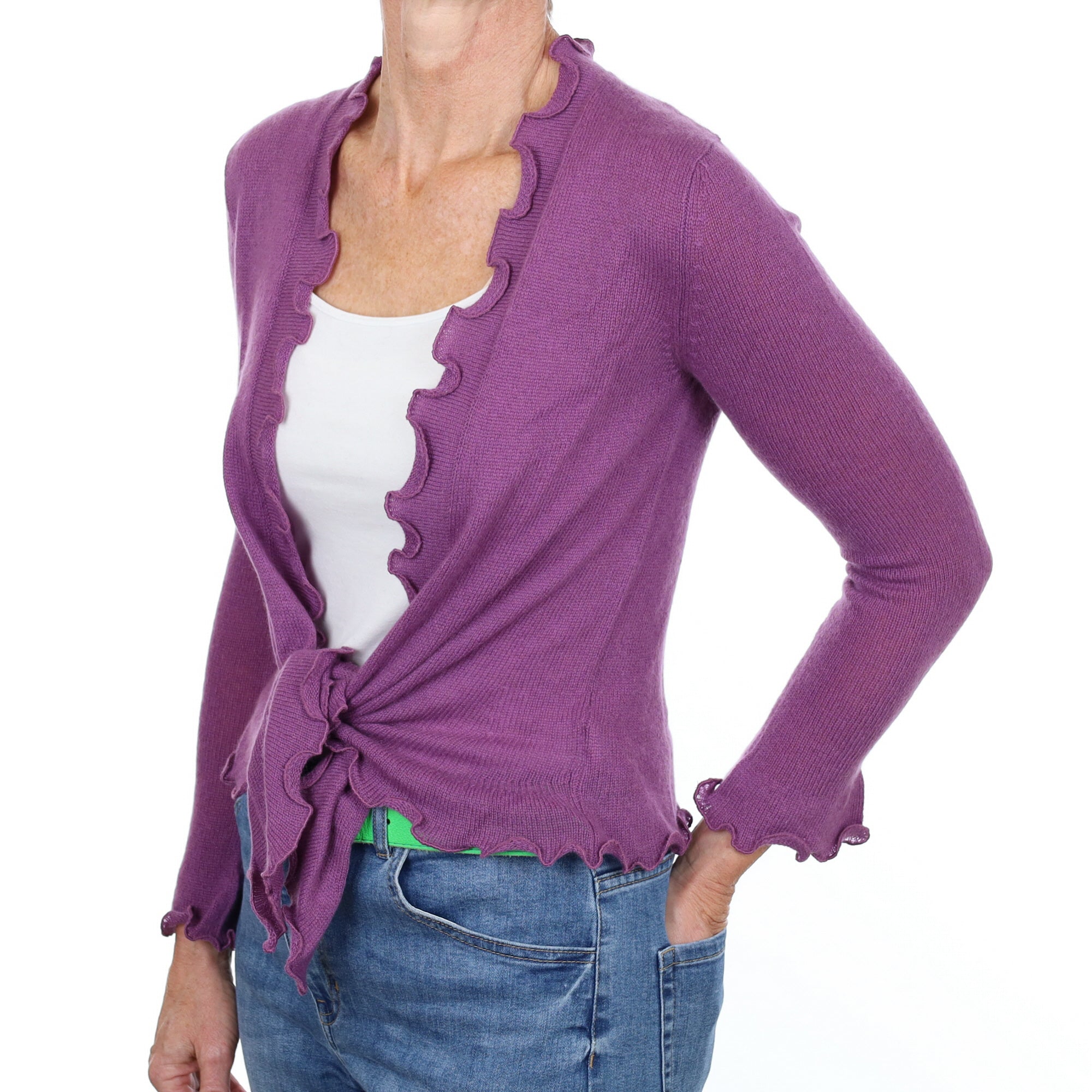New Plum Purple Cashmere Tie Front Cardigan Small