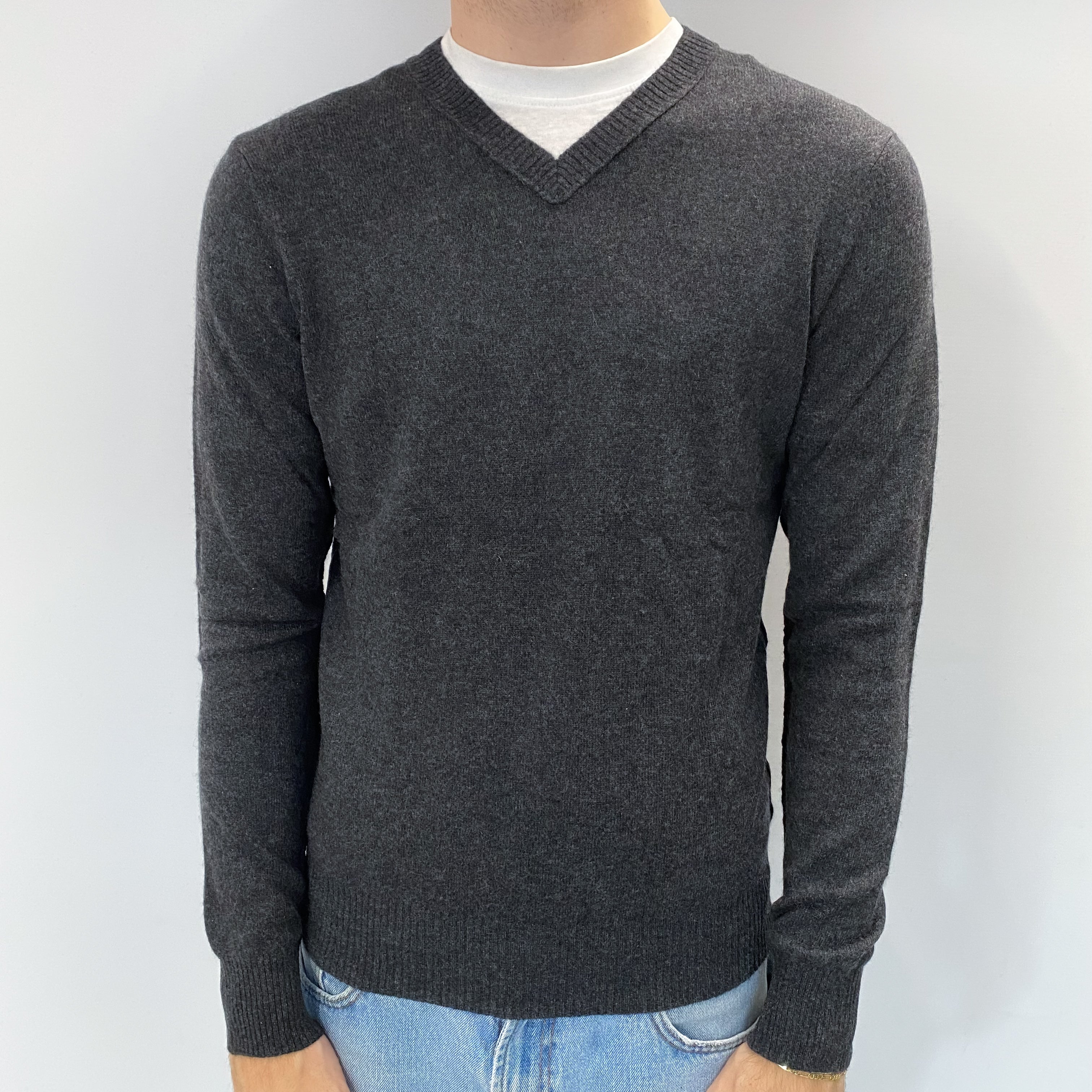 Men's Charcoal Grey Cashmere V Neck Jumper Medium