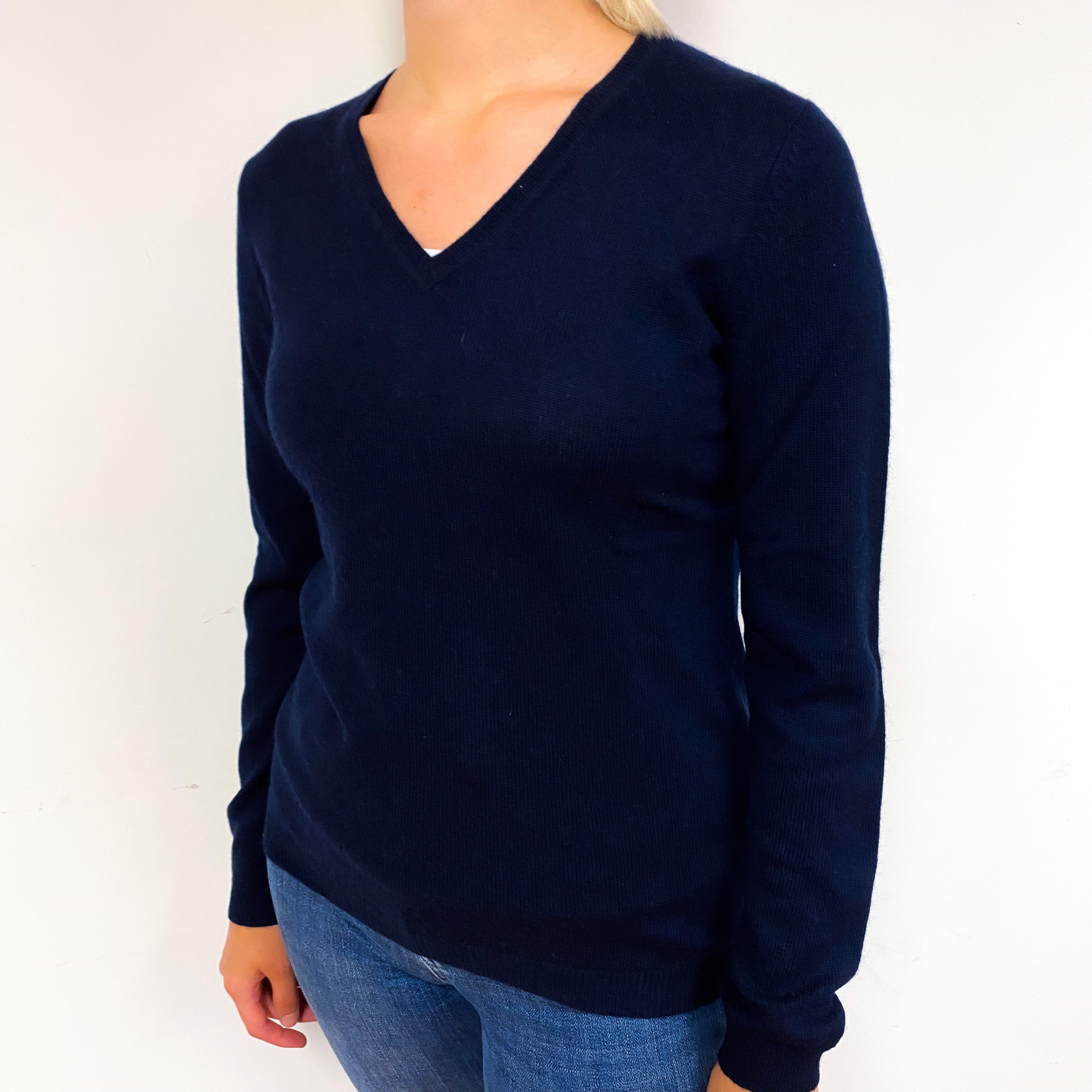 Darkest Navy Blue Cashmere V-Neck Jumper Small