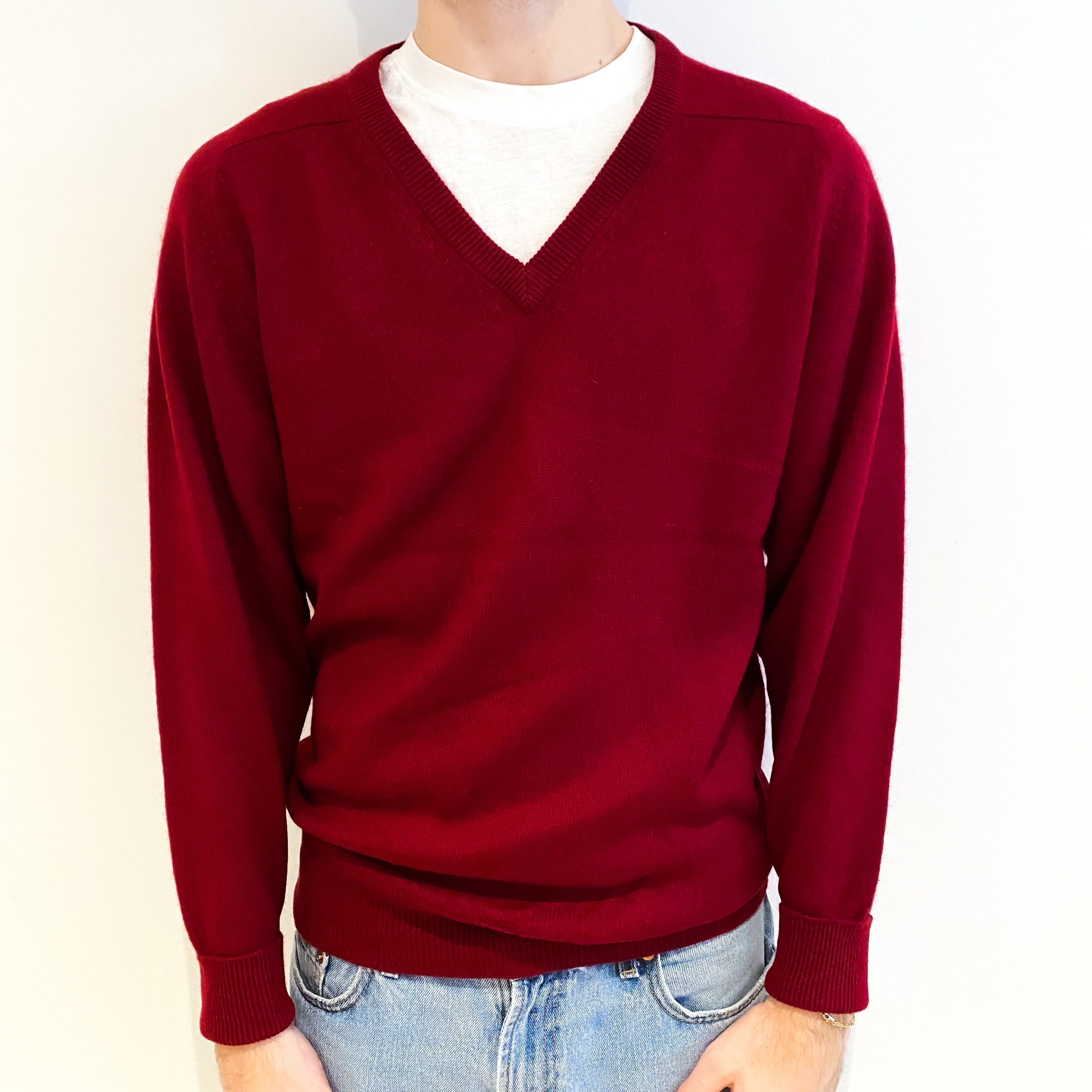 Men's Burgundy Red Cashmere V Neck Jumper Large