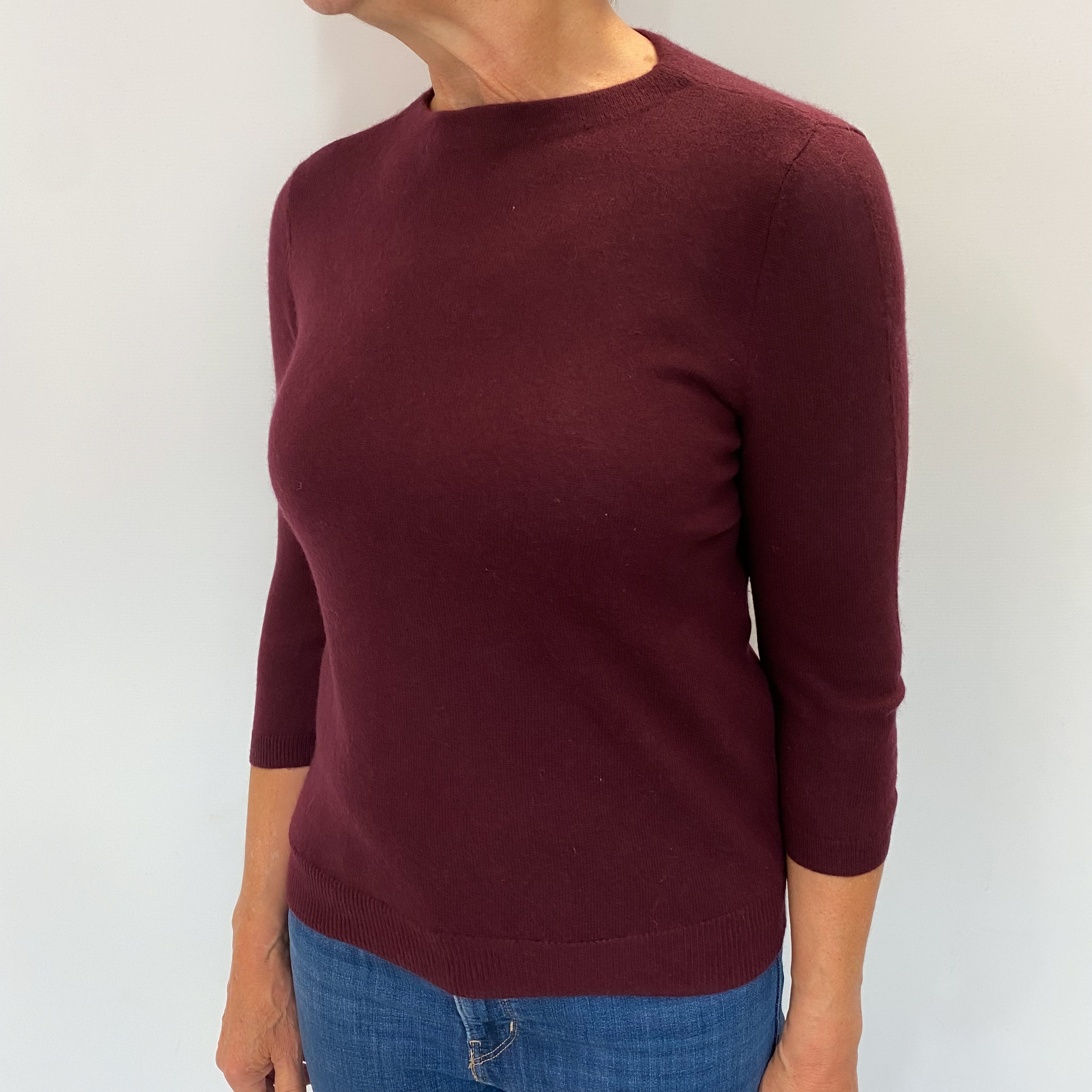 Mulberry Purple Cashmere 3/4 Sleeve Crew Neck Jumper Medium