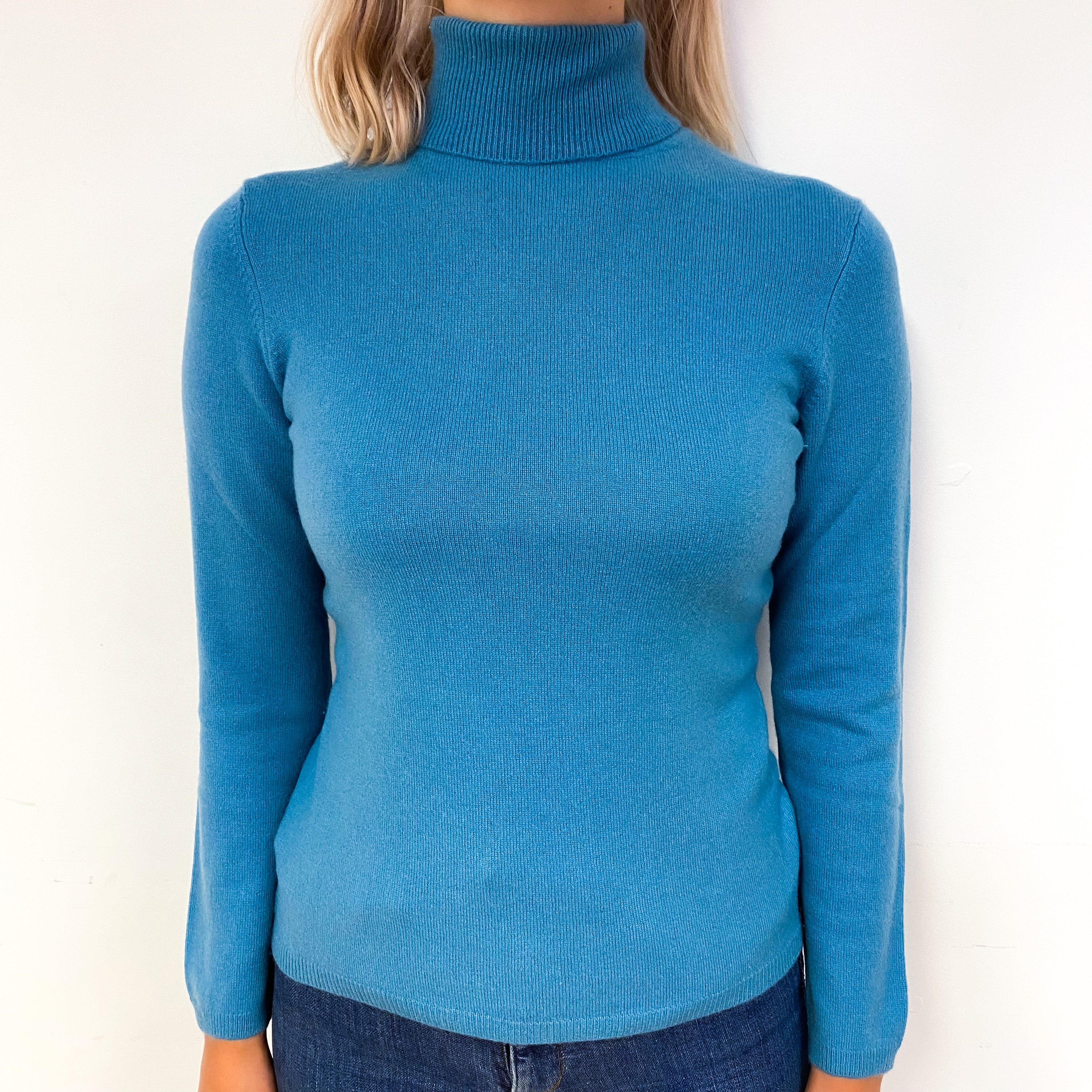 Ocean Blue Cashmere Polo Neck Jumper Small