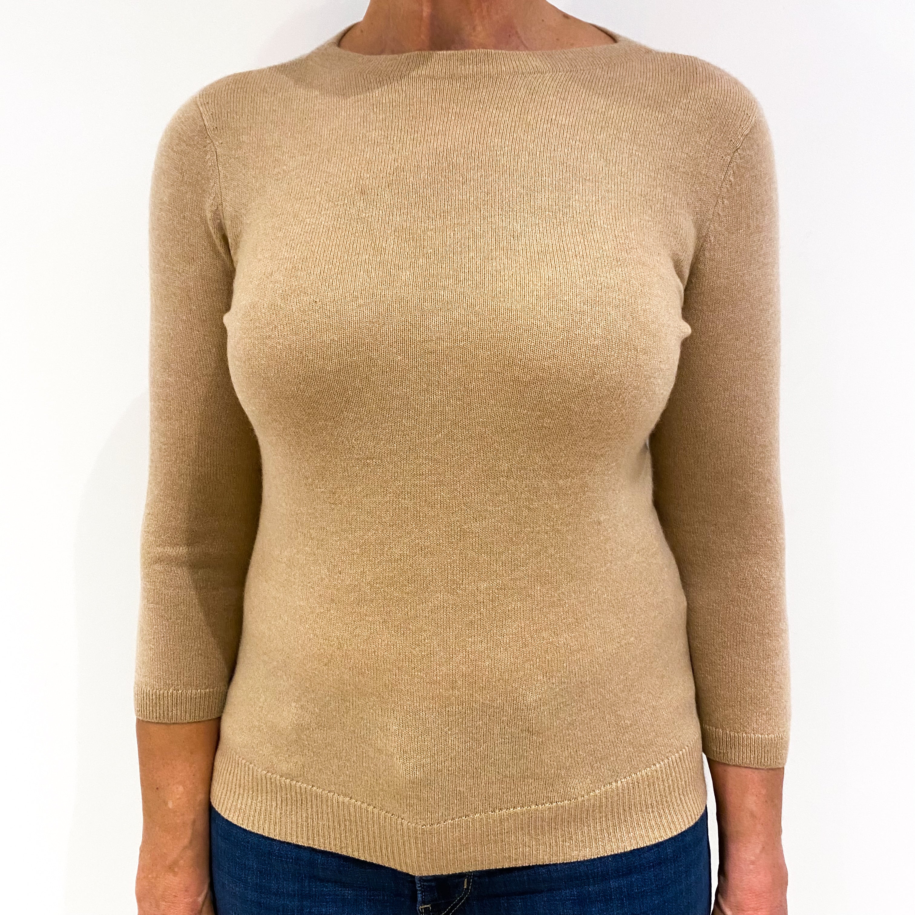 Camel Brown 3/4 Sleeved Cashmere Boat Neck Jumper Medium
