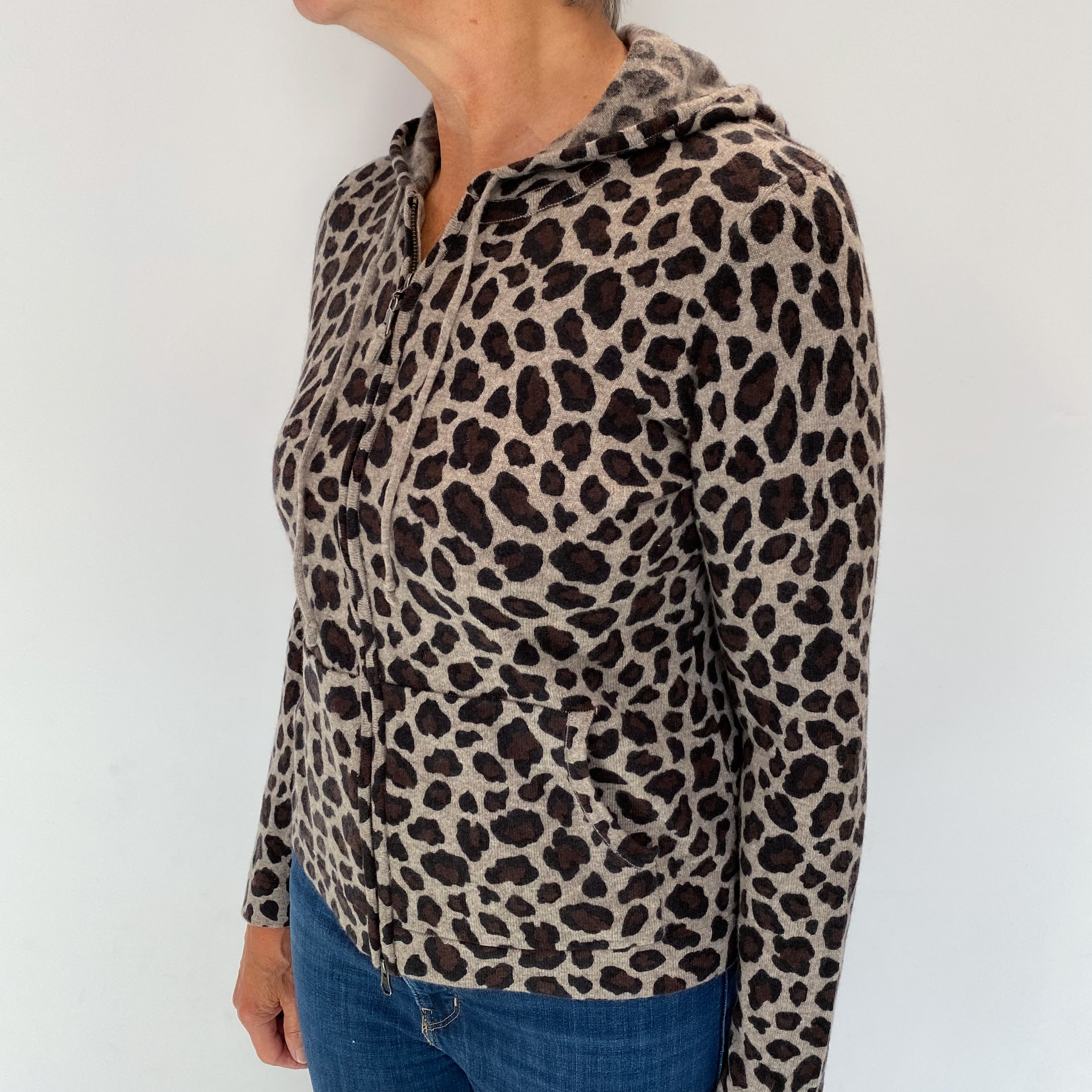Mocha Brown Animal Print Cashmere Zip Up Hoodie Medium