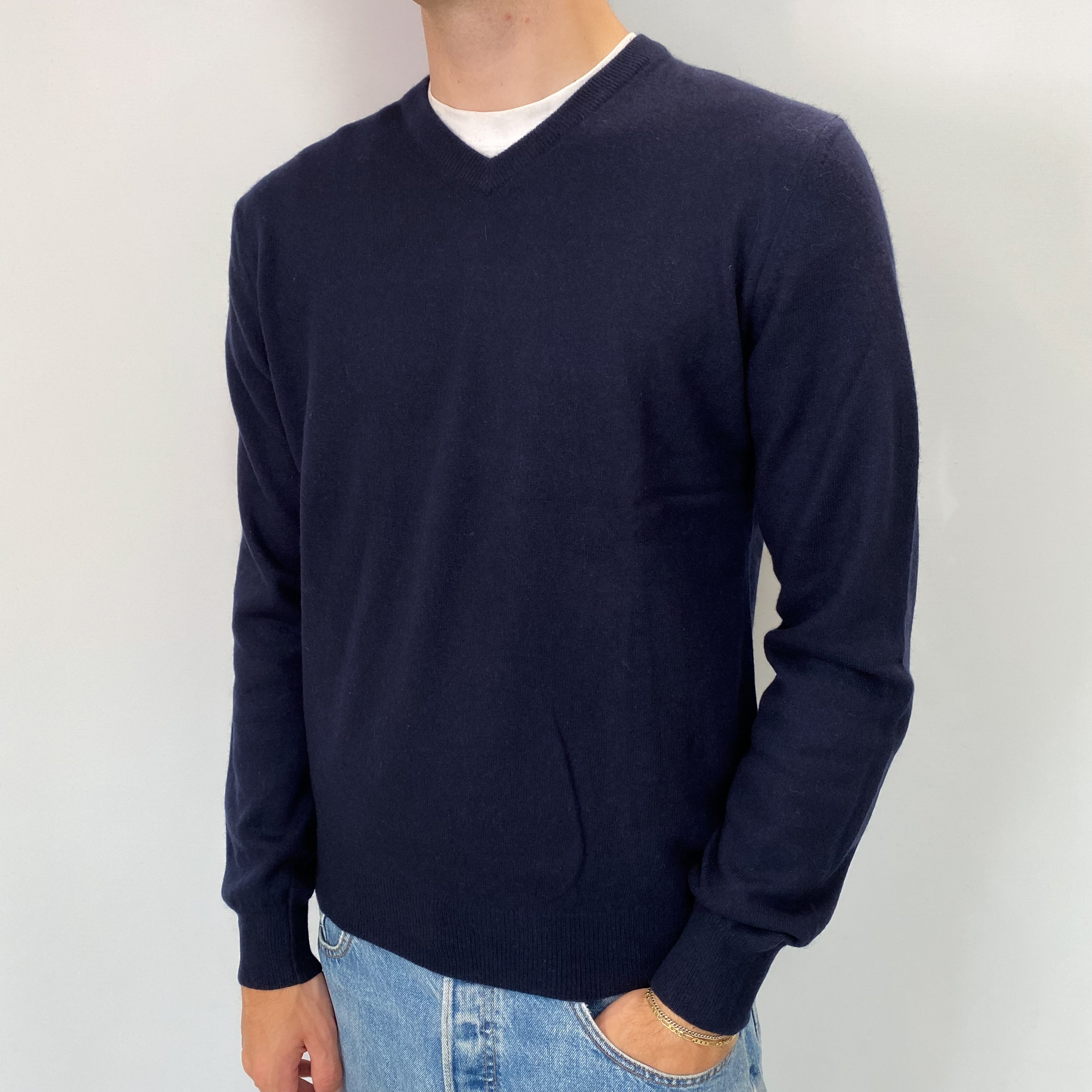 Men's Navy Cashmere V Neck Jumper Medium