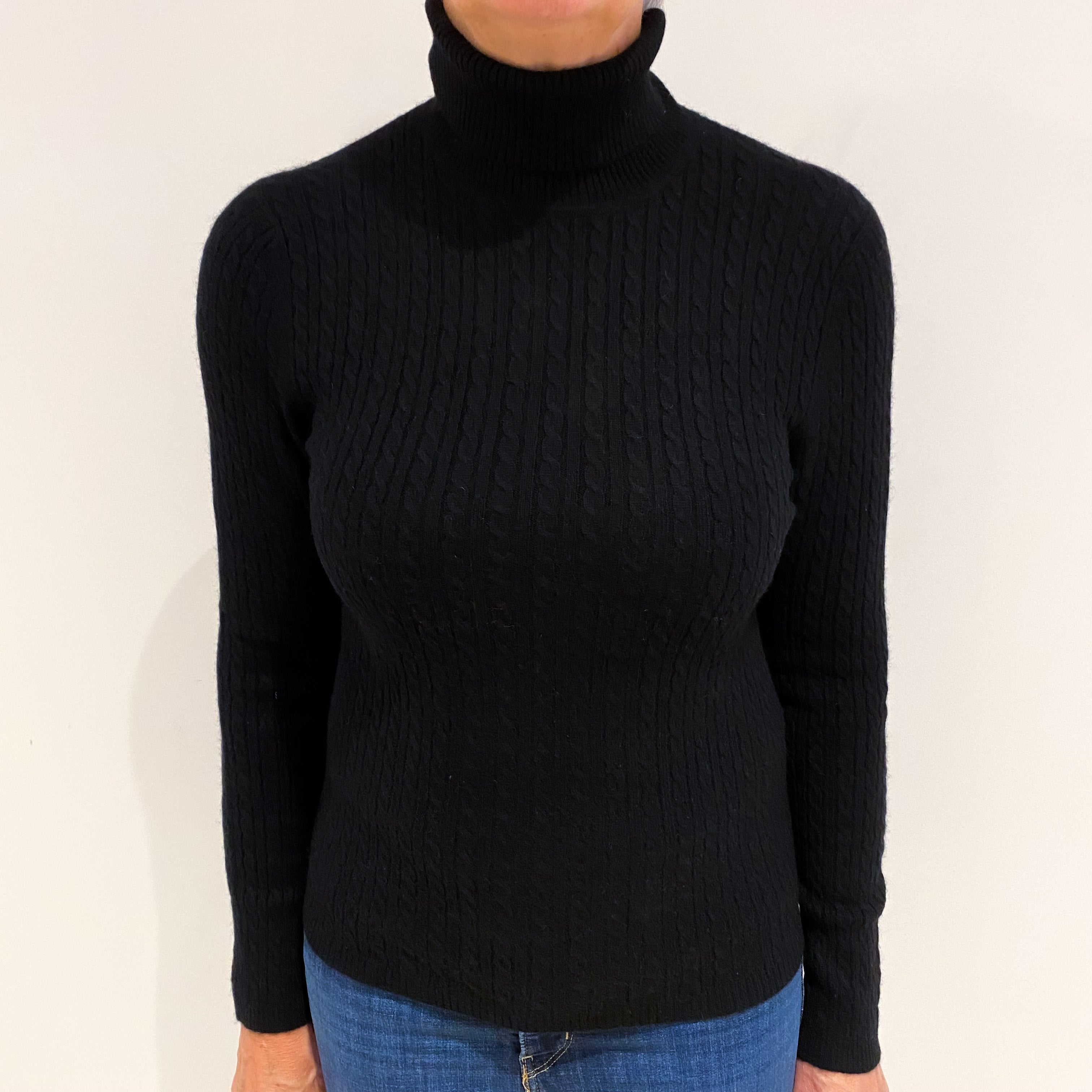 Black Cable Cashmere Polo Neck Jumper Medium