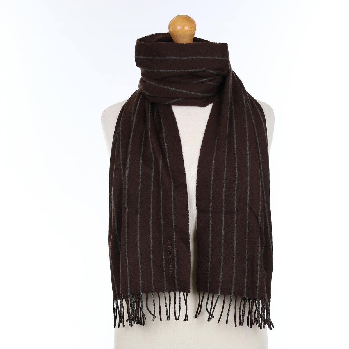 Tiffany & Co Chocolate and Duck Egg Pinstriped Cashmere Woven Scarf