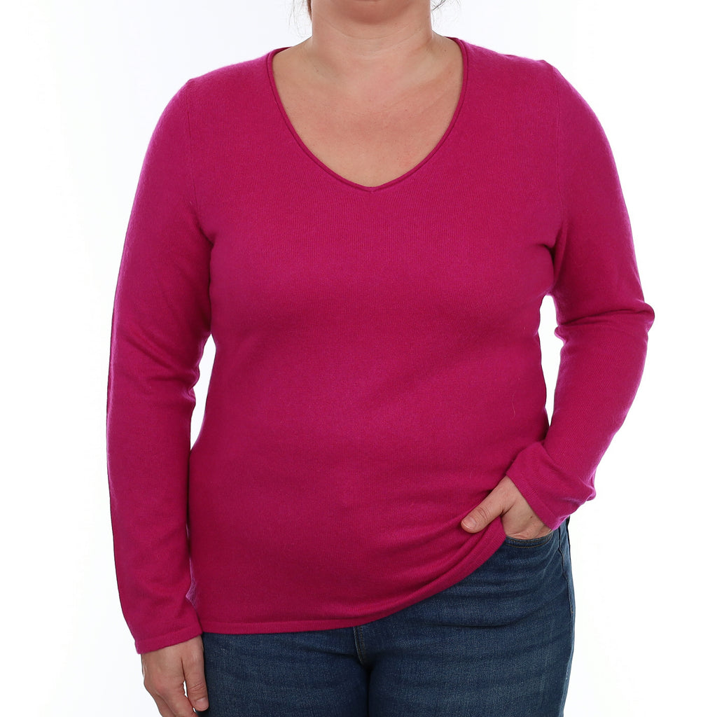 Fuchsia Pink Cashmere V Neck Jumper Large