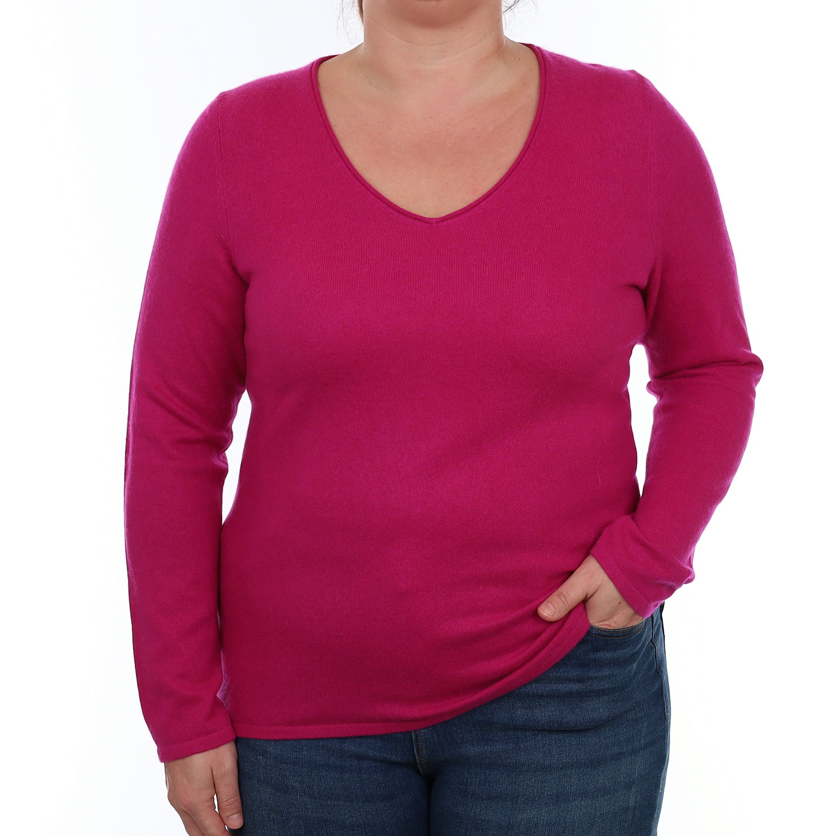 Fuchsia Pink Cashmere V Neck Jumper Large