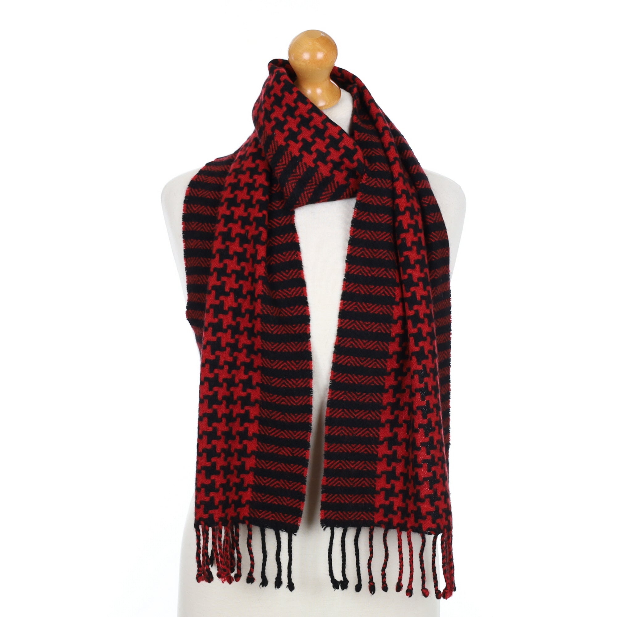 Crimson Red and Black Dogtooth Fringed Cashmere Woven Scarf