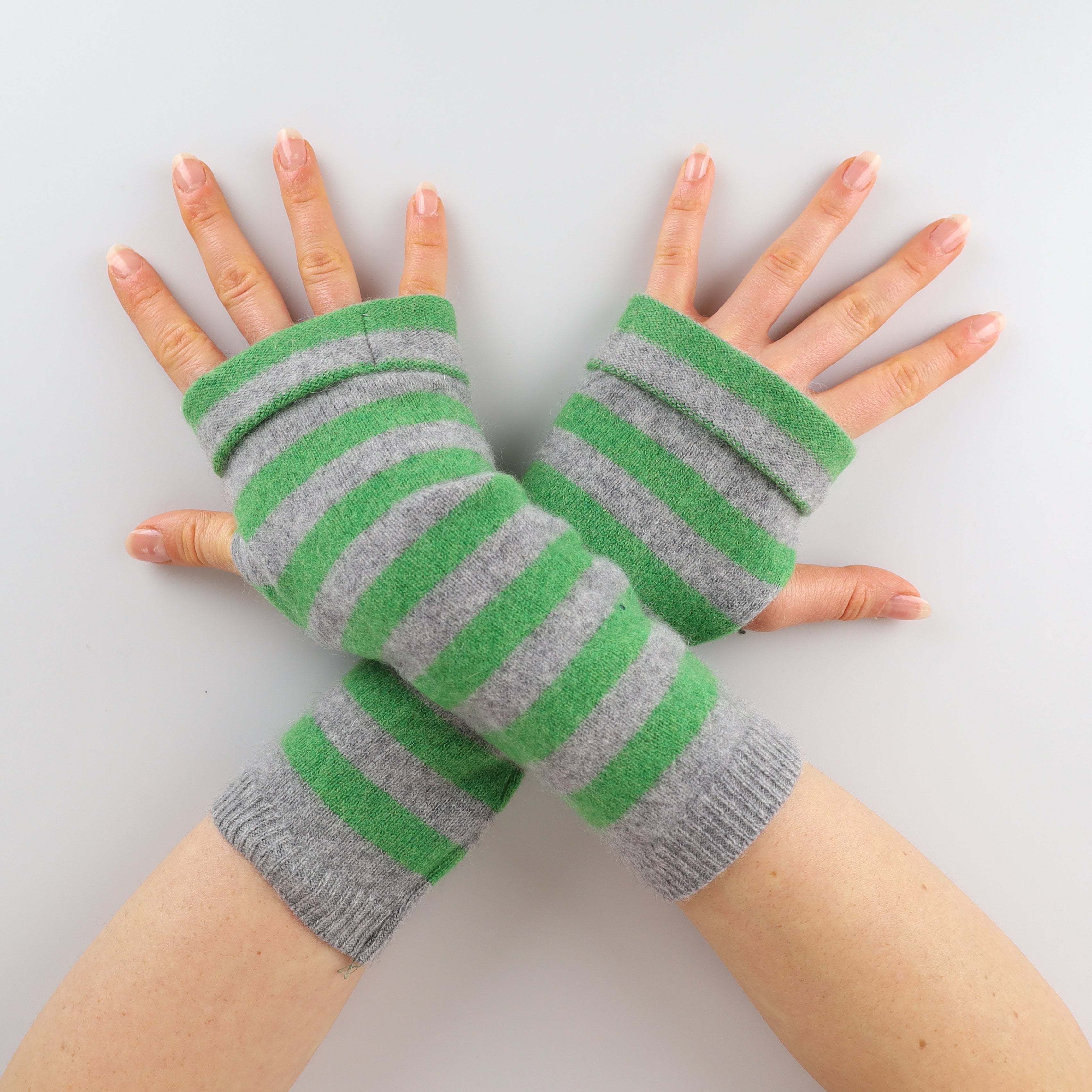 Green and Grey Striped Fingerless Gloves