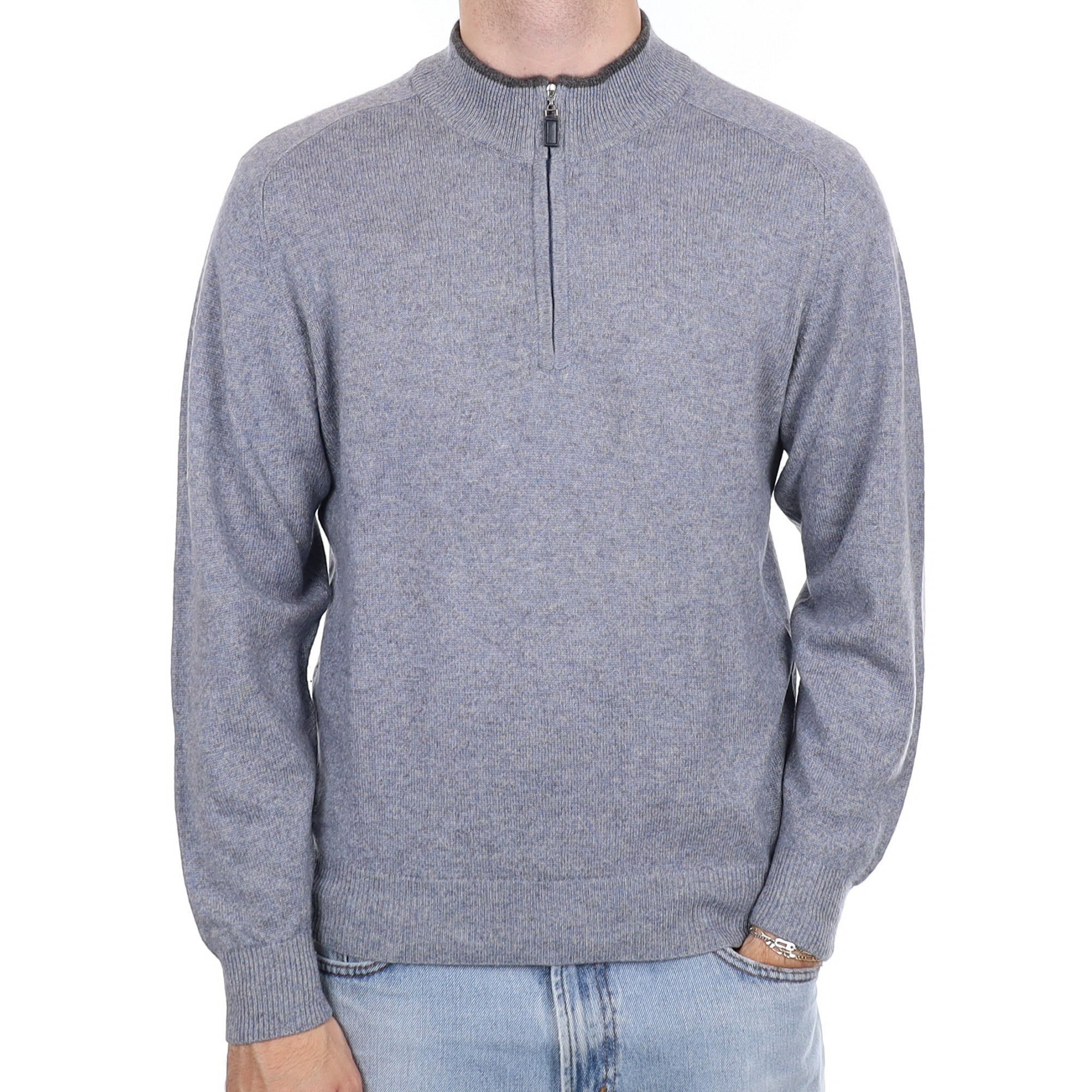 Men's Grey Blue Marl 1/4 Zip Cashmere Turtle Neck Jumper Medium