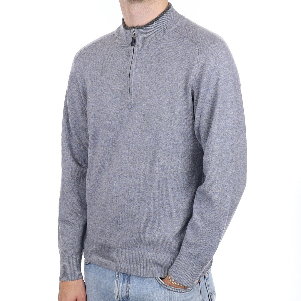 Men's Grey Blue Marl 1/4 Zip Cashmere Turtle Neck Jumper Medium